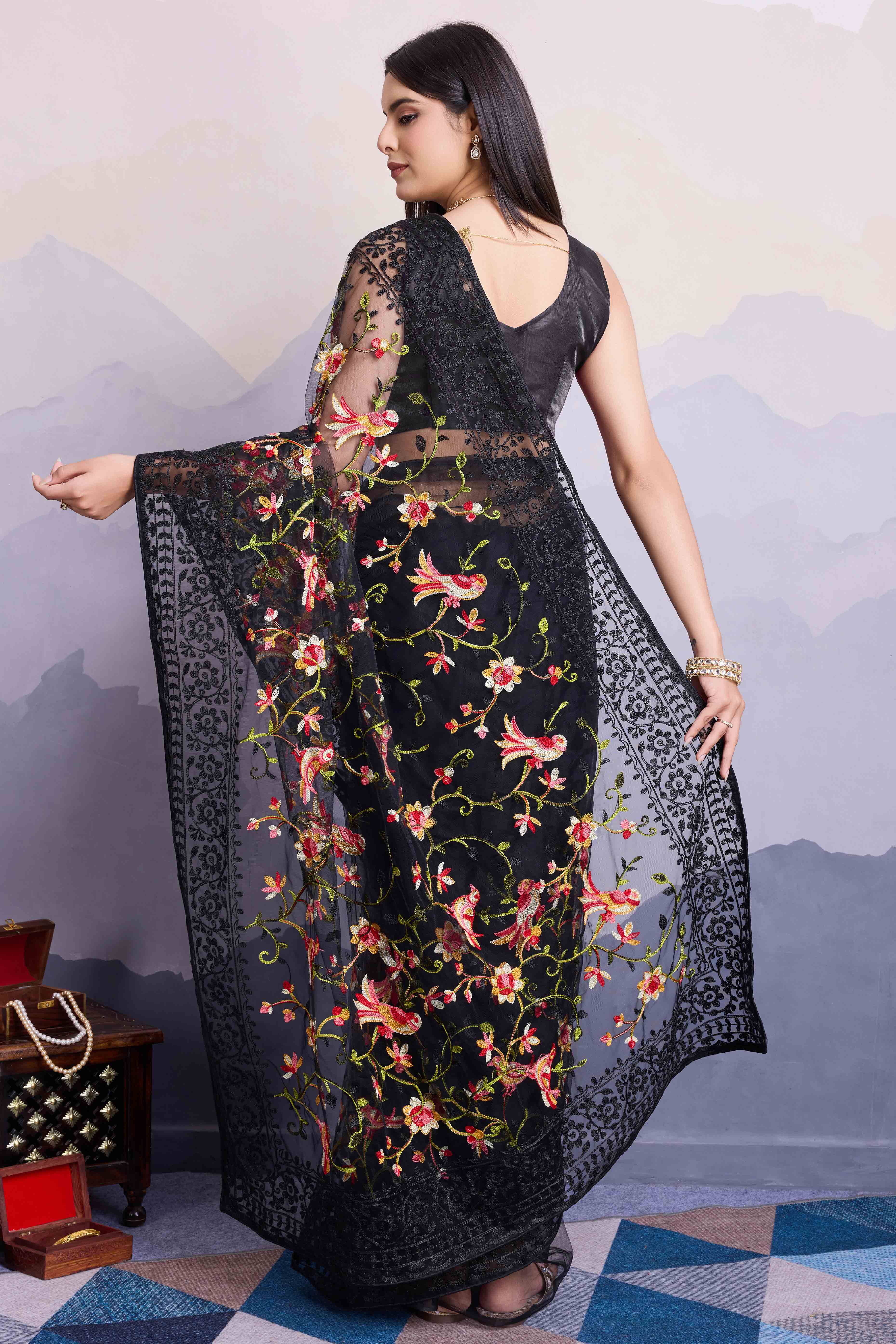 Black Floral Embroidered Net Saree