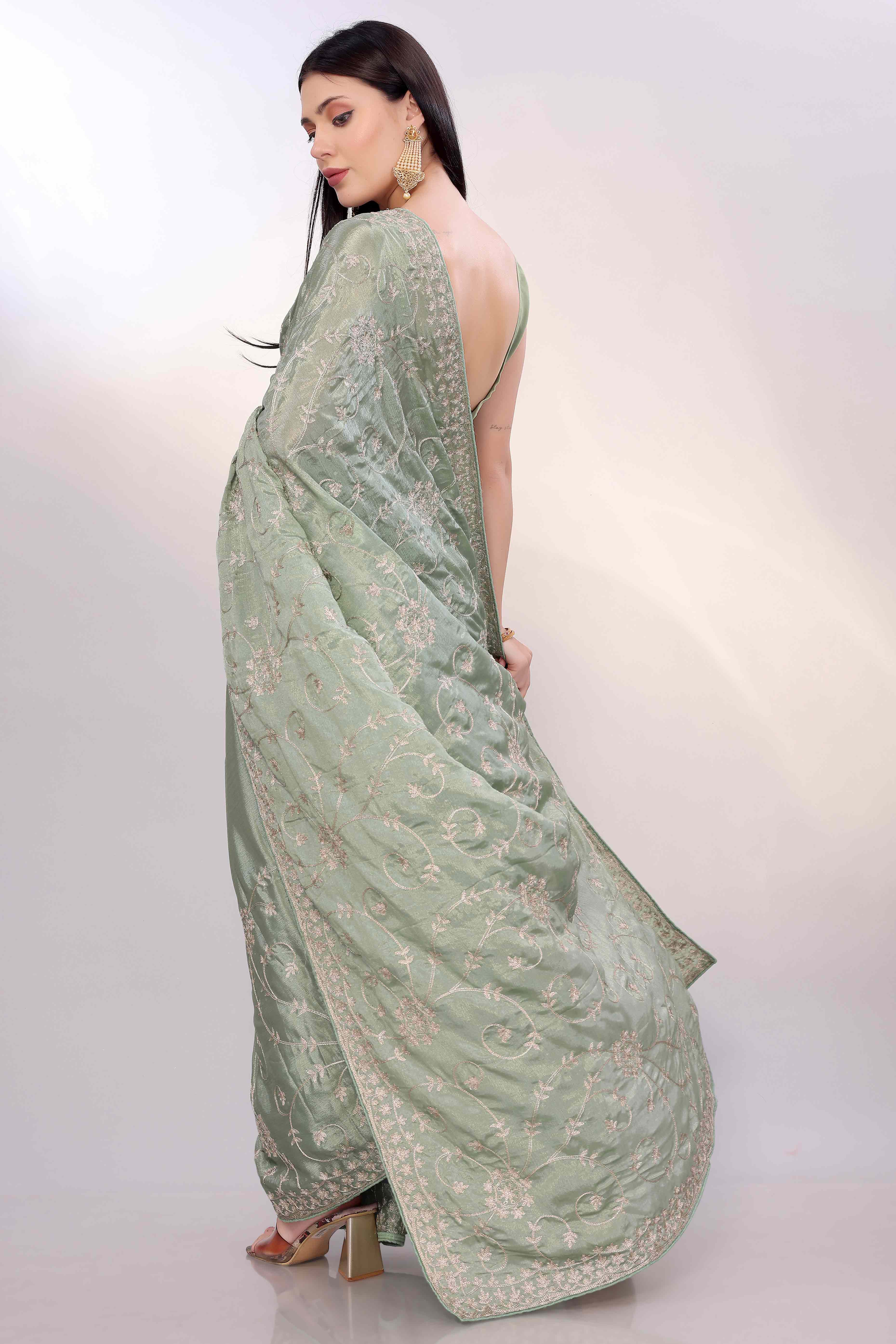 Sage Green Chinon Silk Saree Adorned With Fine Floral Thread Work