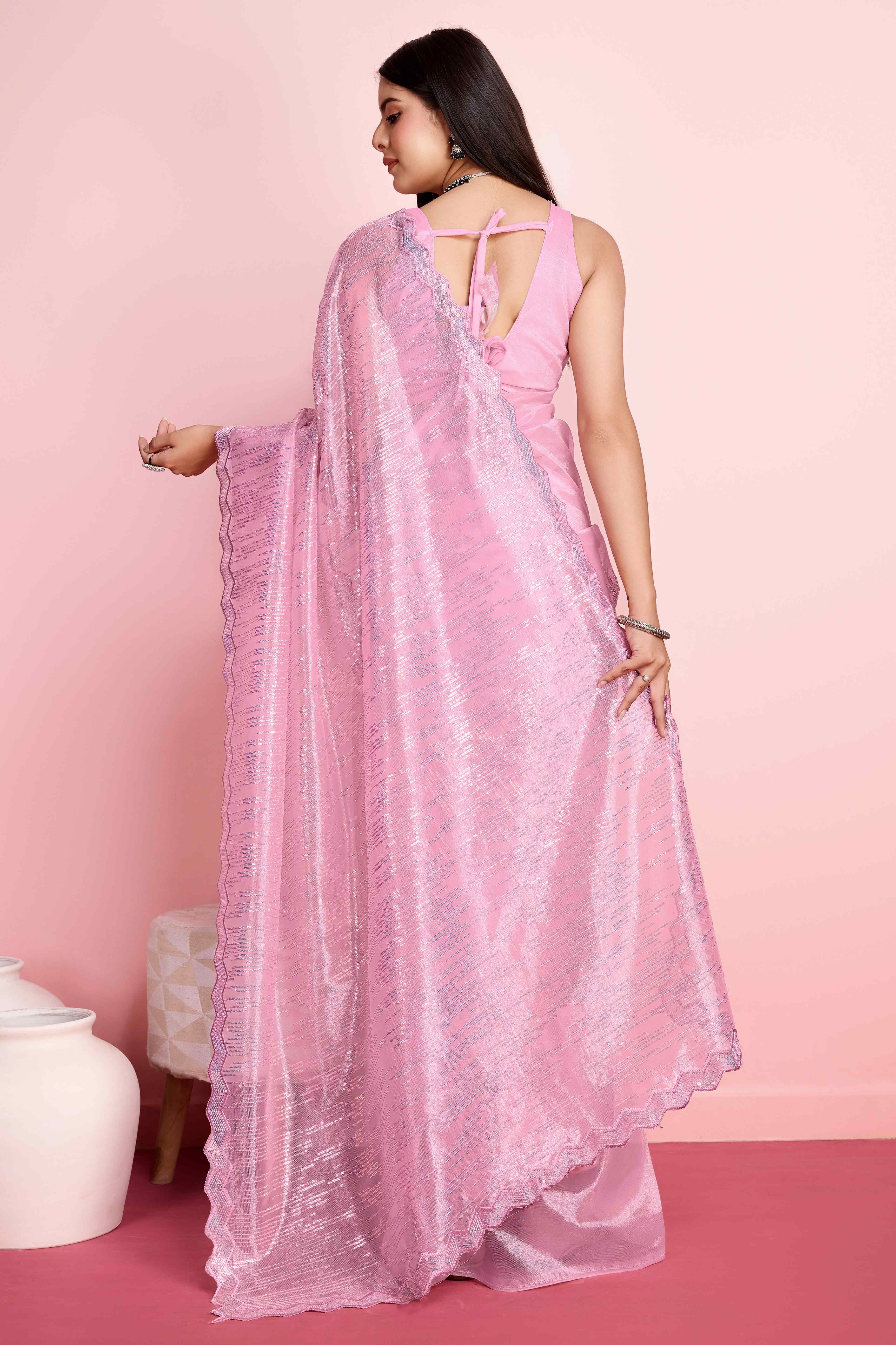 Onion Pink Sequins Embroidered Silver Twill Net Saree