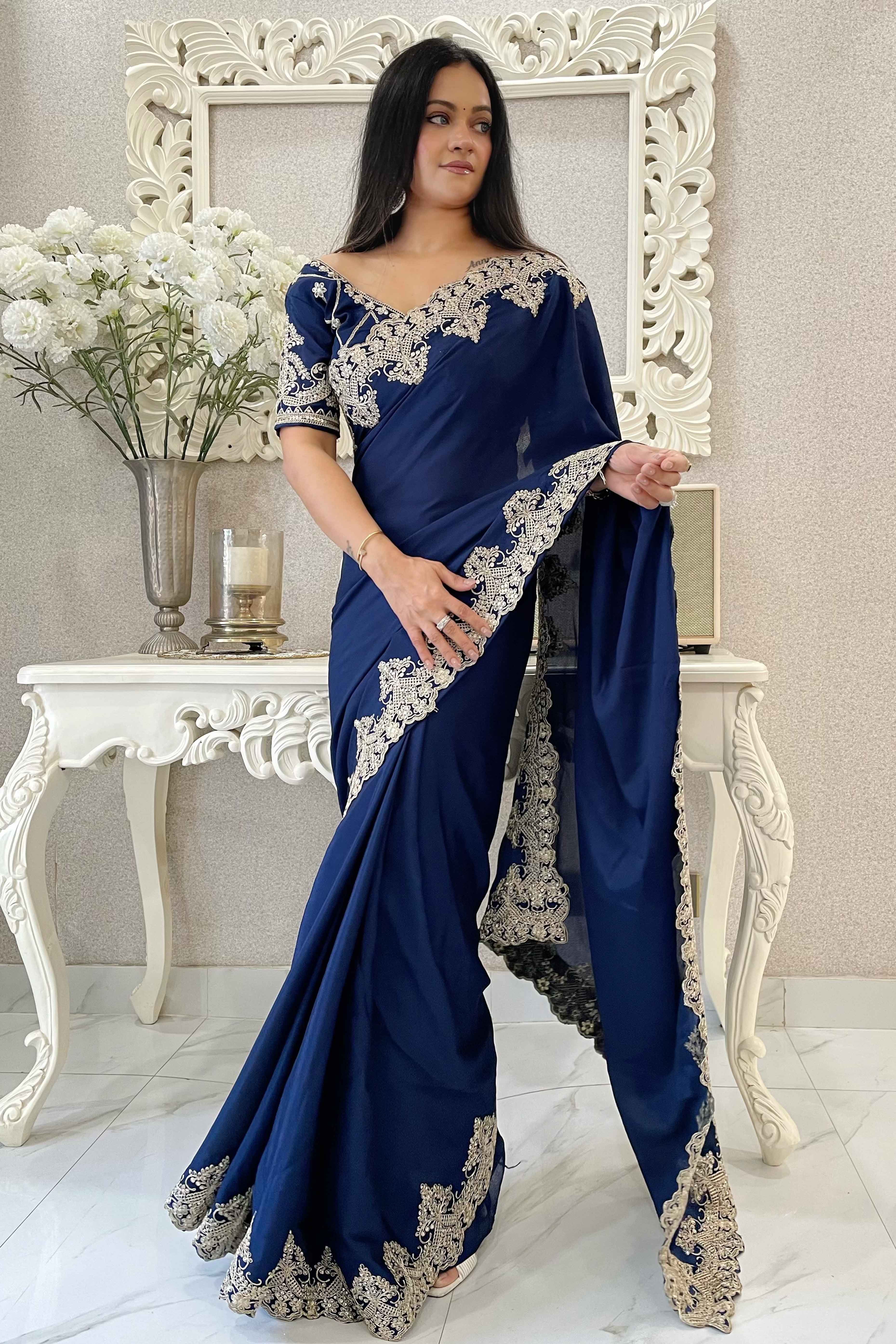 Navy Blue Chinon Silk Blend Saree With Intricate Sequins & Cording Embroidery