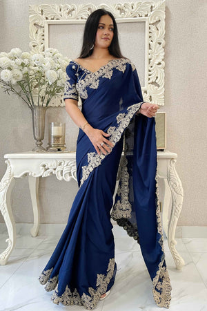 Navy Blue Chinon Silk Blend Saree With Intricate Sequins & Cording Embroidery