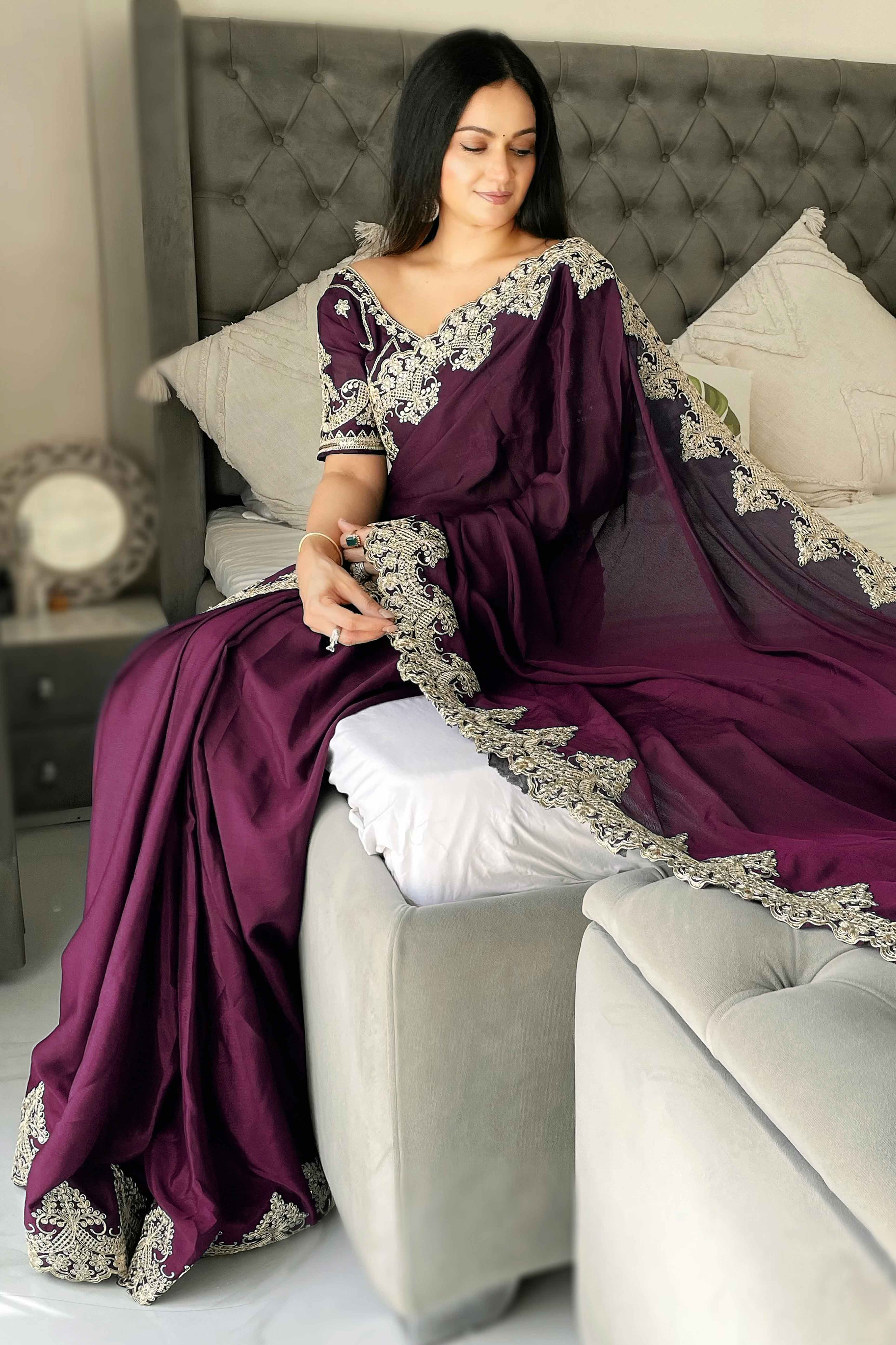 Wine Chinon Silk Blend Saree With Intricate Sequins & Cording Embroidery