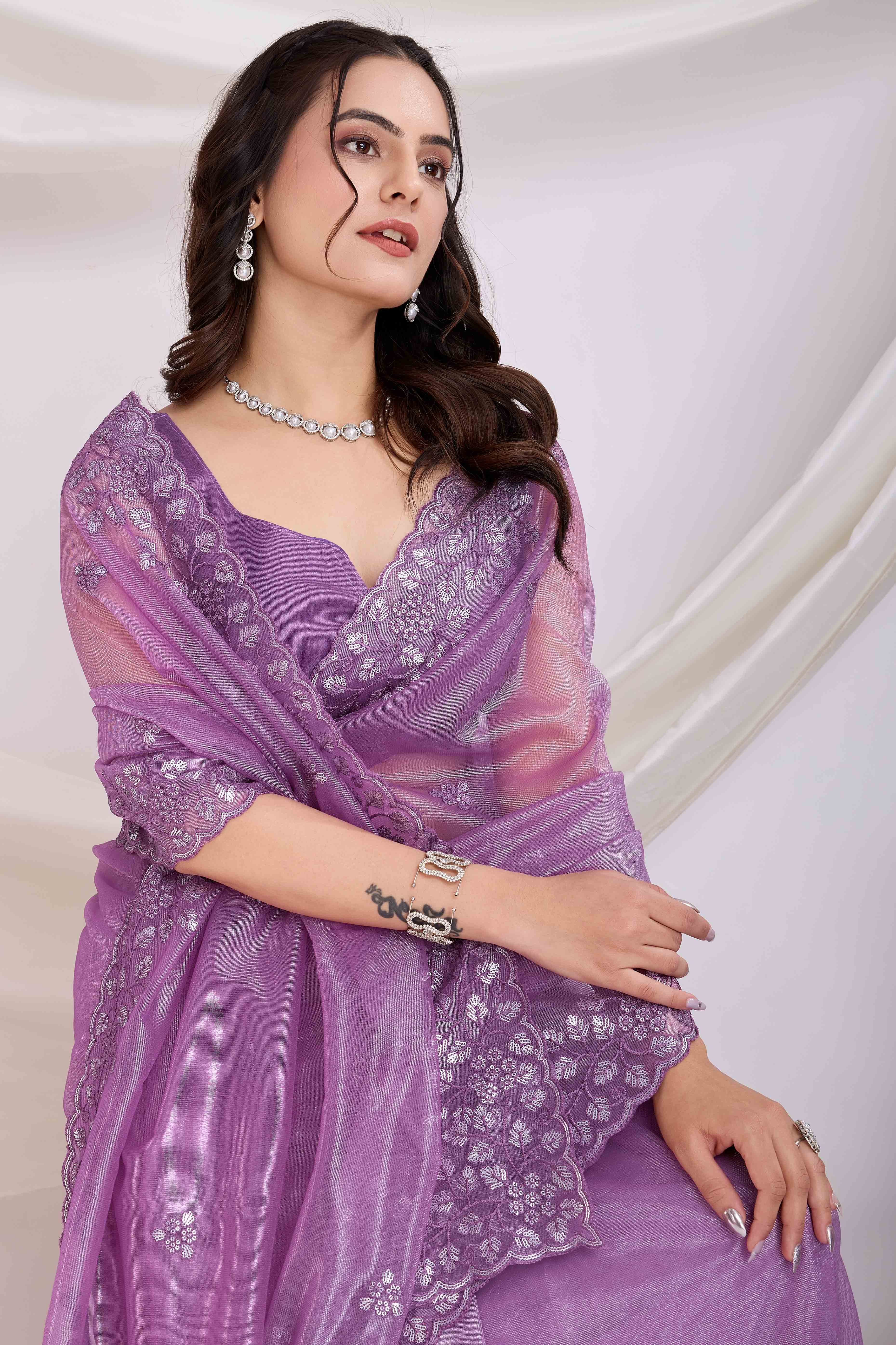 Lavender Twill Net Saree Embellished With Sequin Floral Embroidery