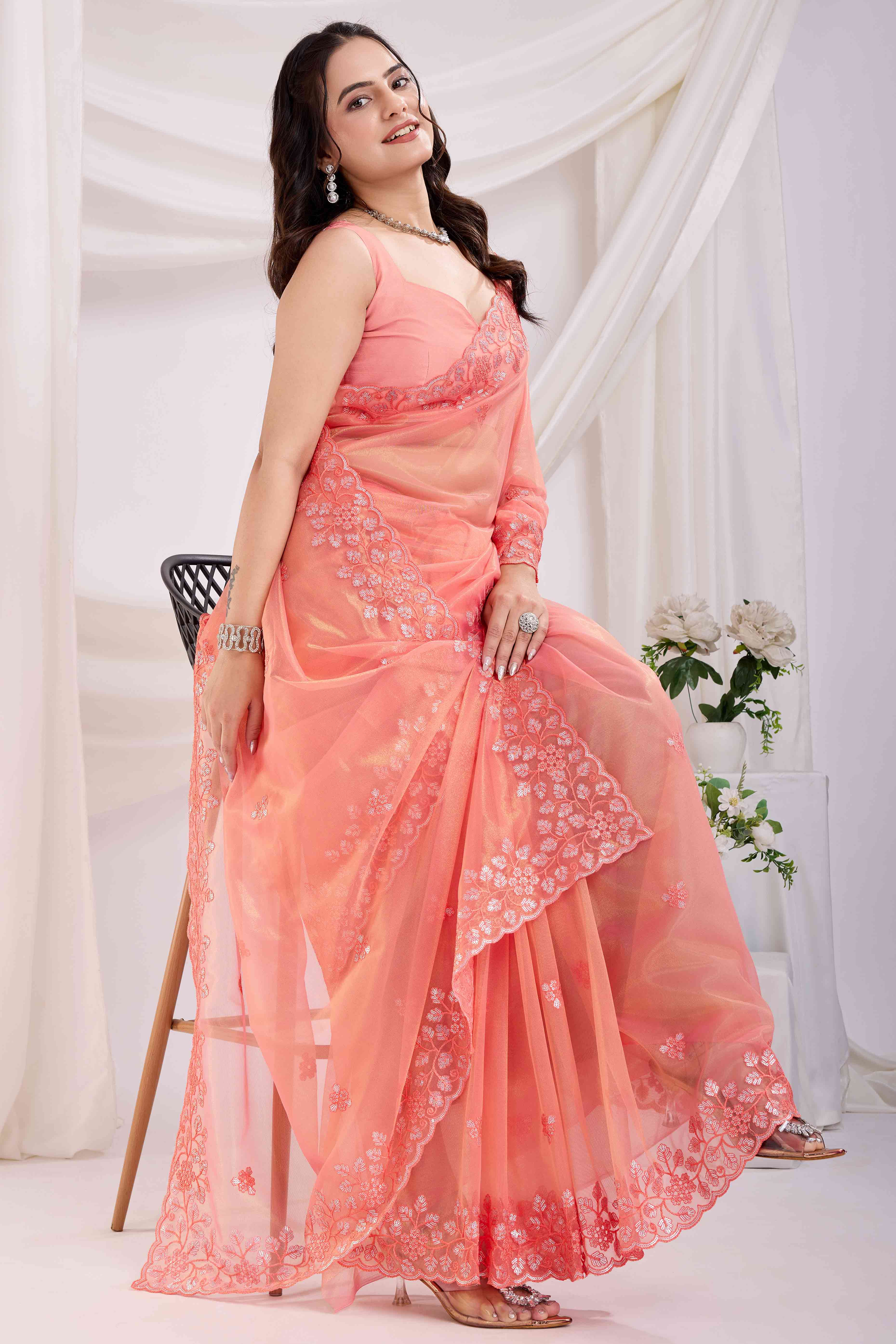 Peach Twill Net Saree Embellished With Sequin Floral Embroidery