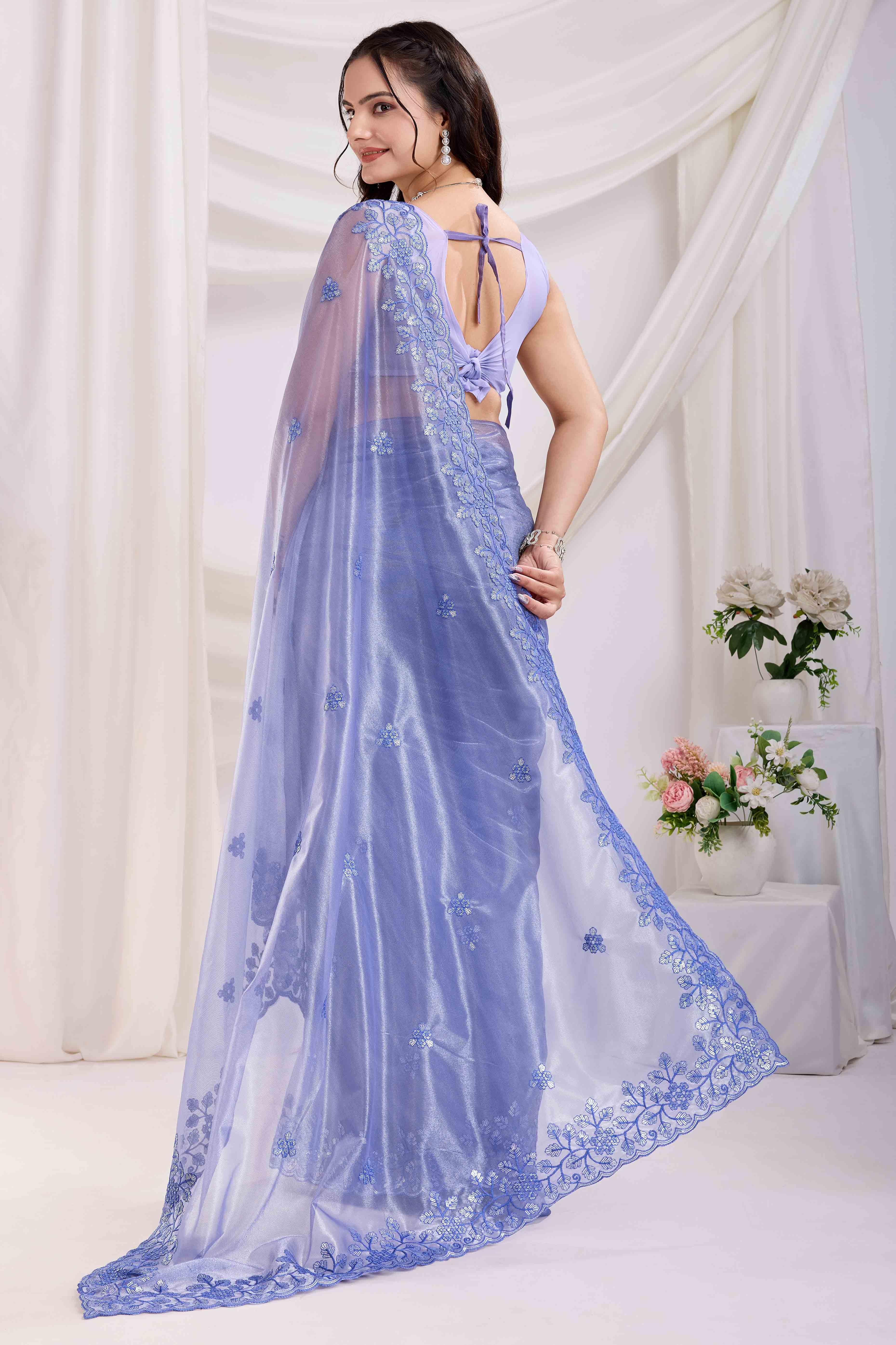 Periwinkle Blue Twill Net Saree Embellished With Sequin Floral Embroidery