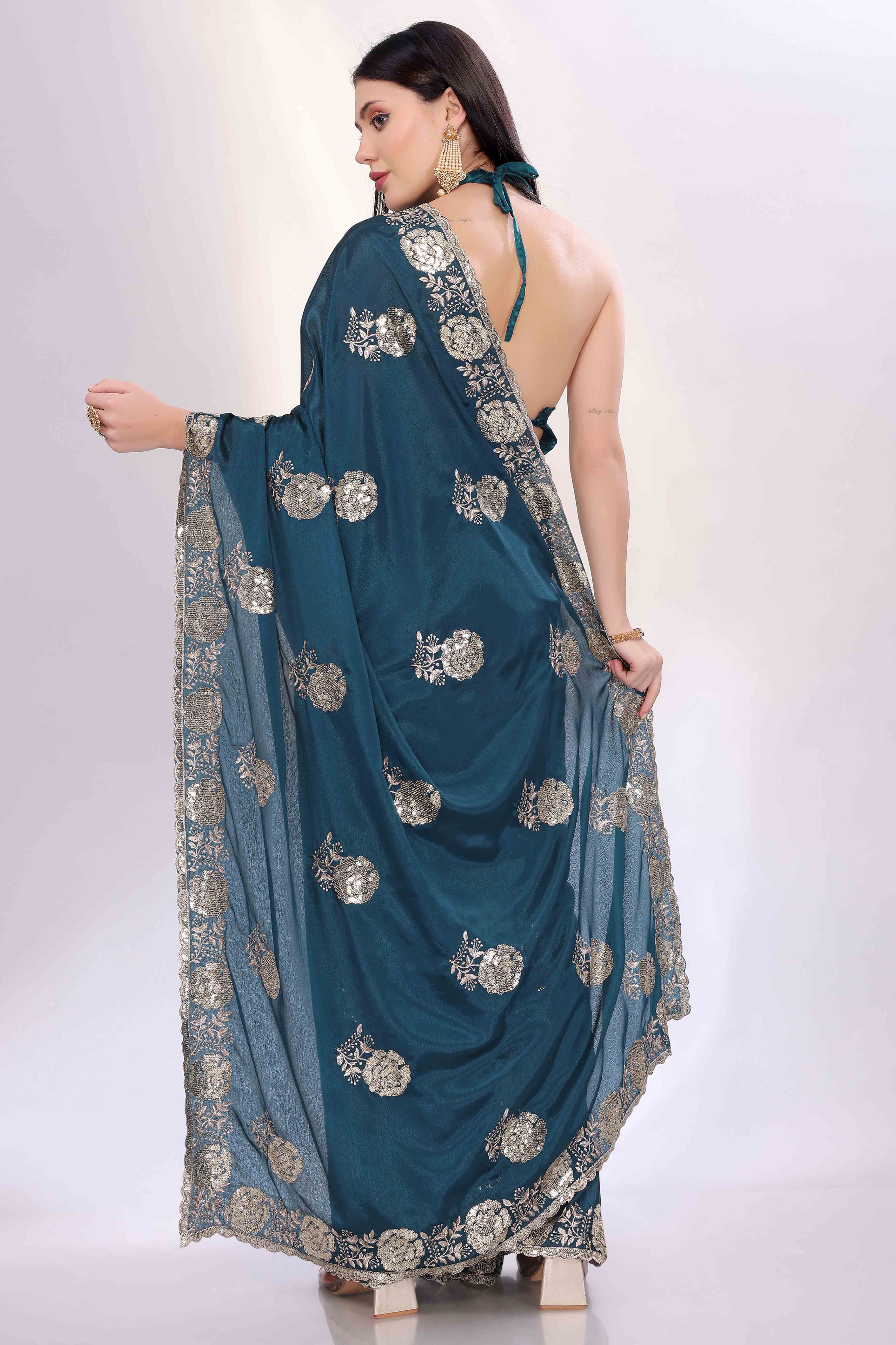 Teal Saree Featuring Intricate Floral Embroidery With Sequins On Chinon Silk
