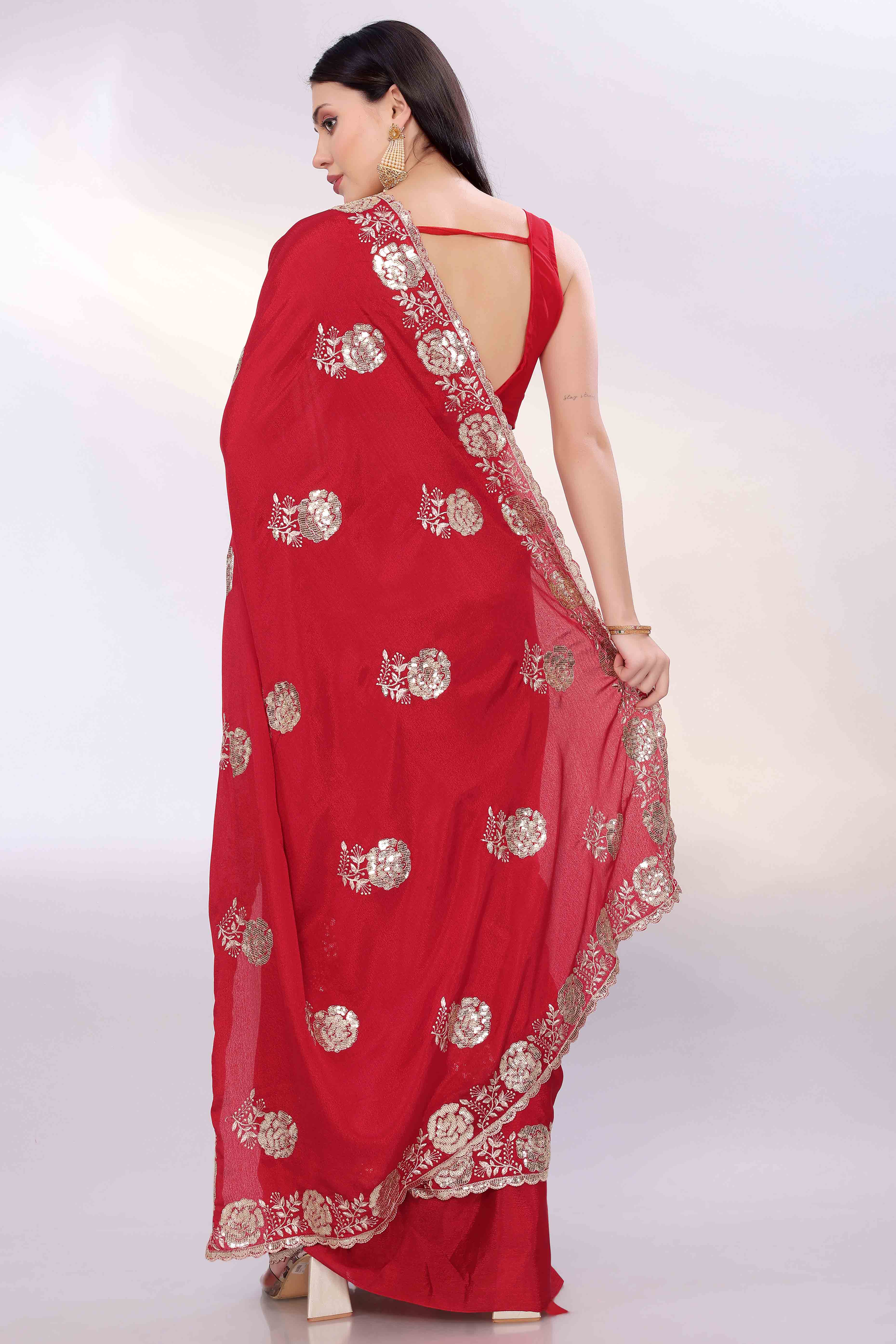 Cherry Red Saree Featuring Intricate Floral Embroidery With Sequins On Chinon Silk