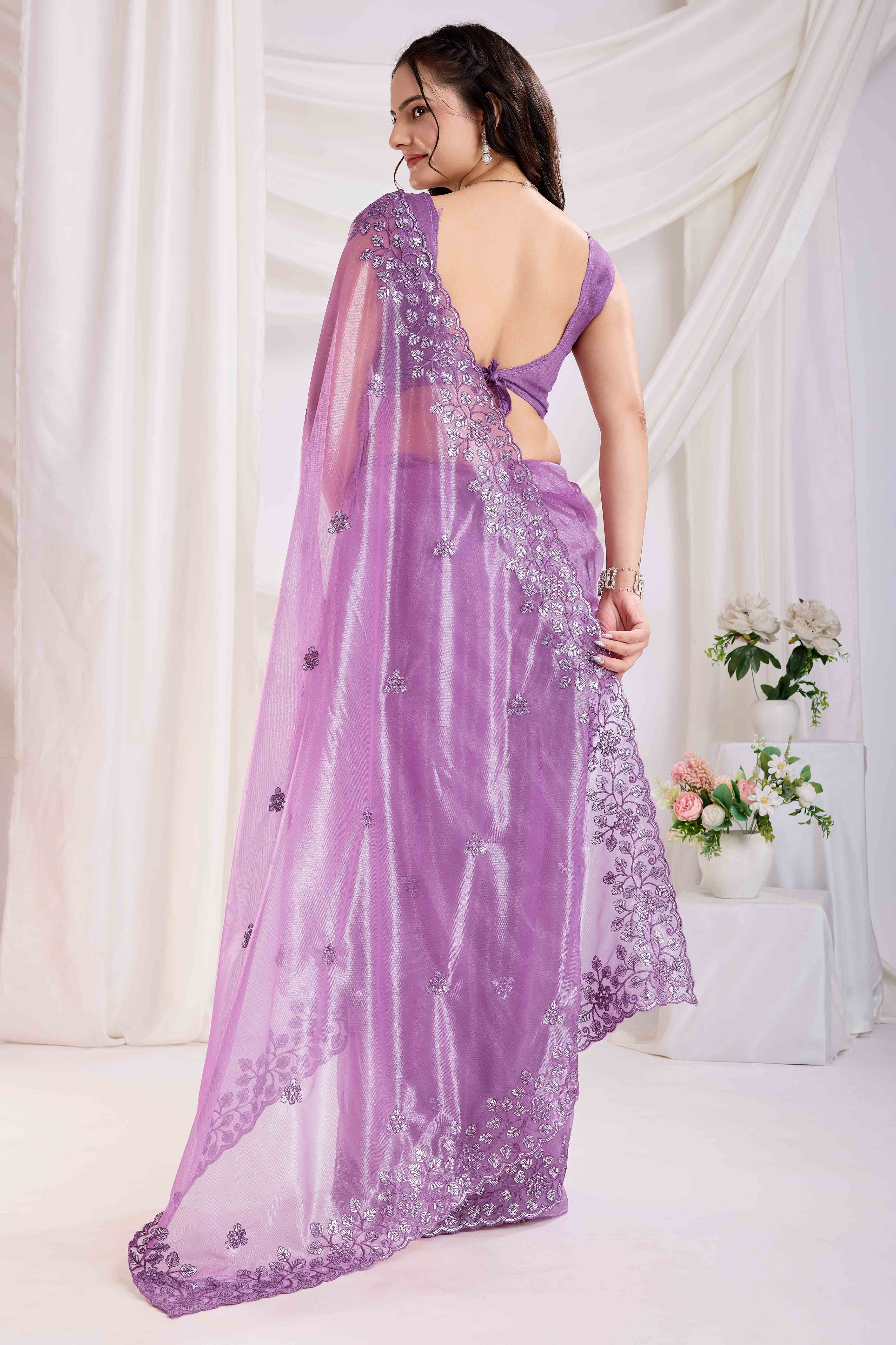 Purple Floral Sequins Embroidered Twill Net Saree