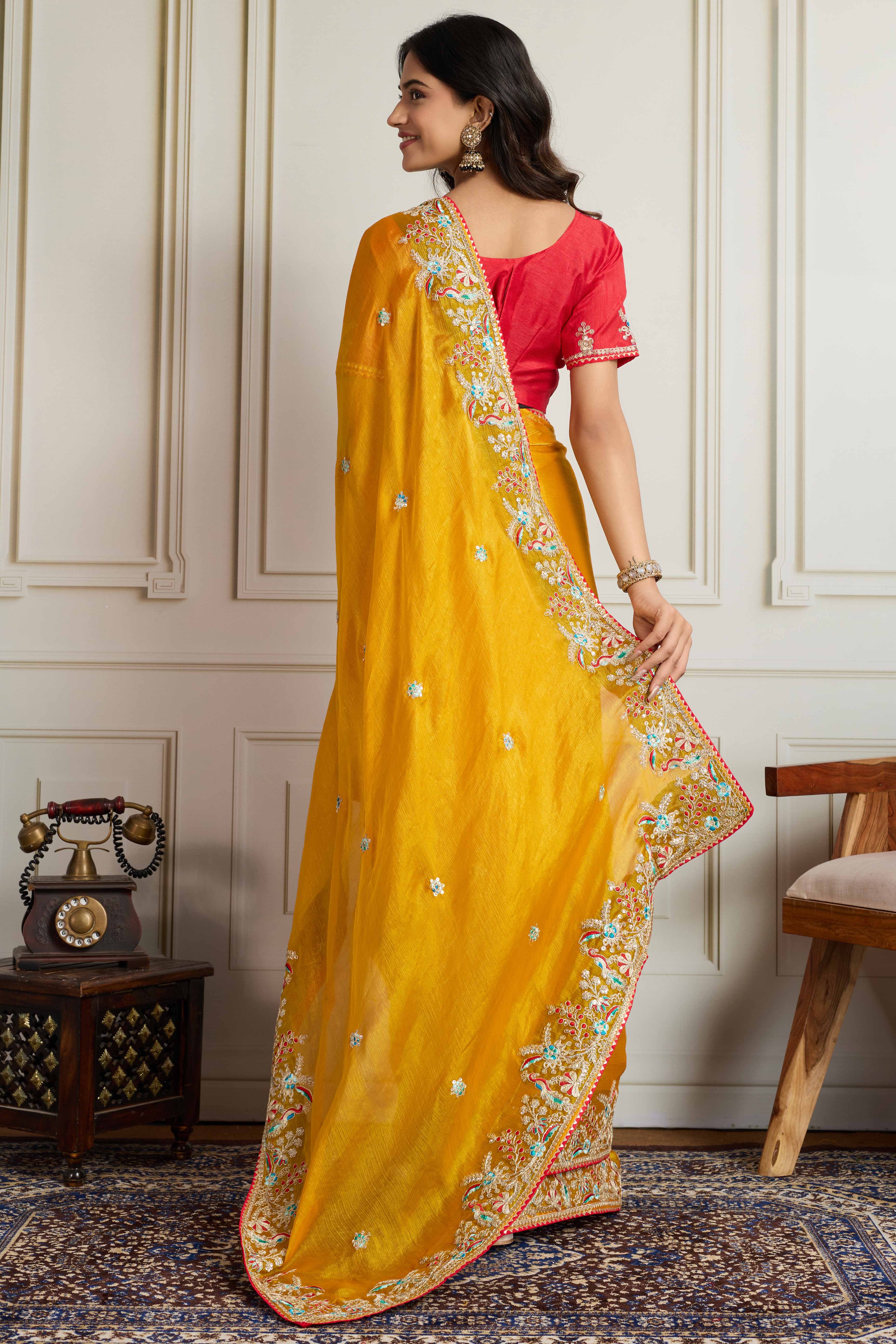 Mustard Fancy Chiffon Partywear Saree with Intricate Sequins & Thread Embroidery