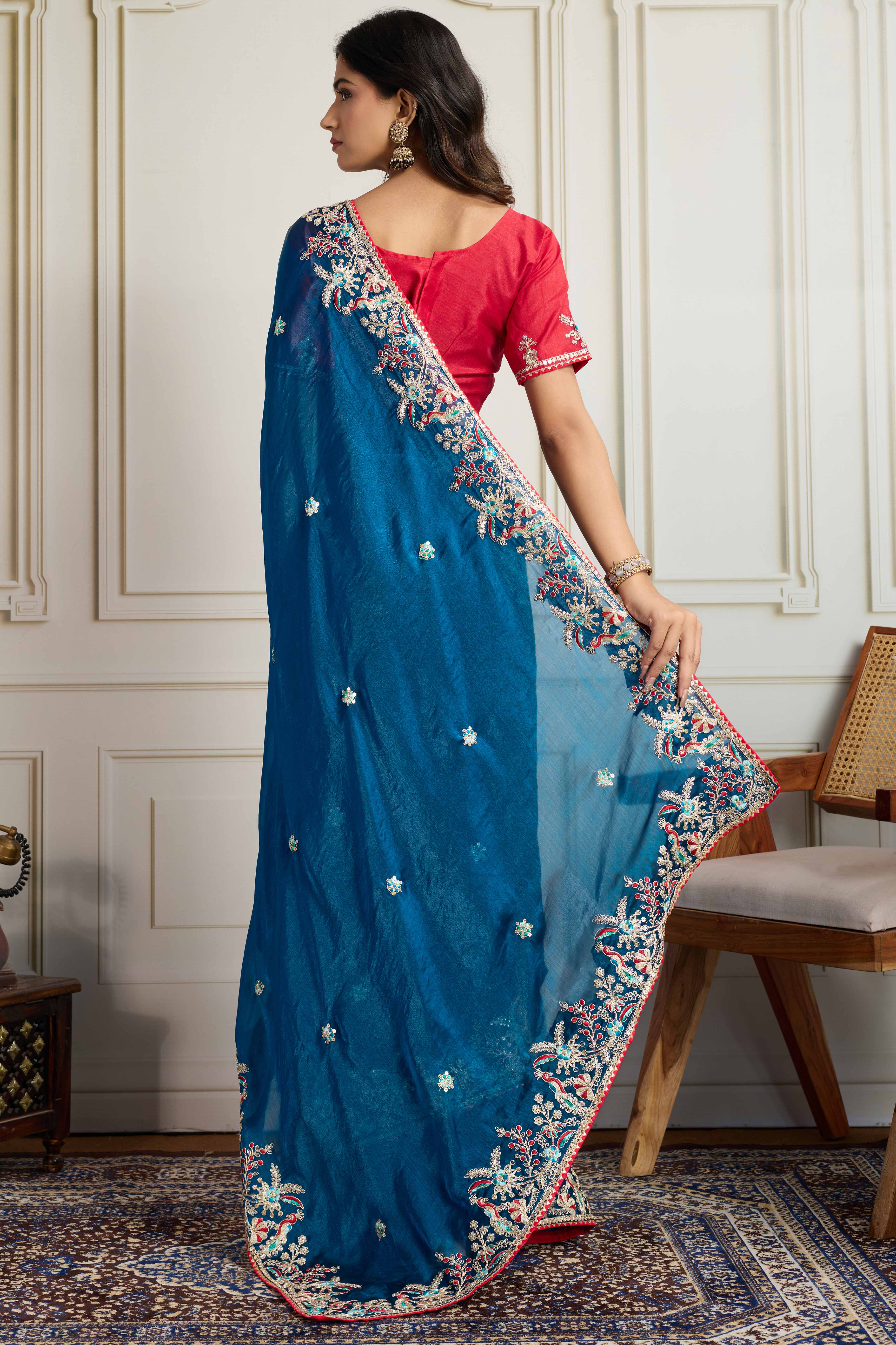 Teal Fancy Chiffon Partywear Saree with Intricate Sequins & Thread Embroidery