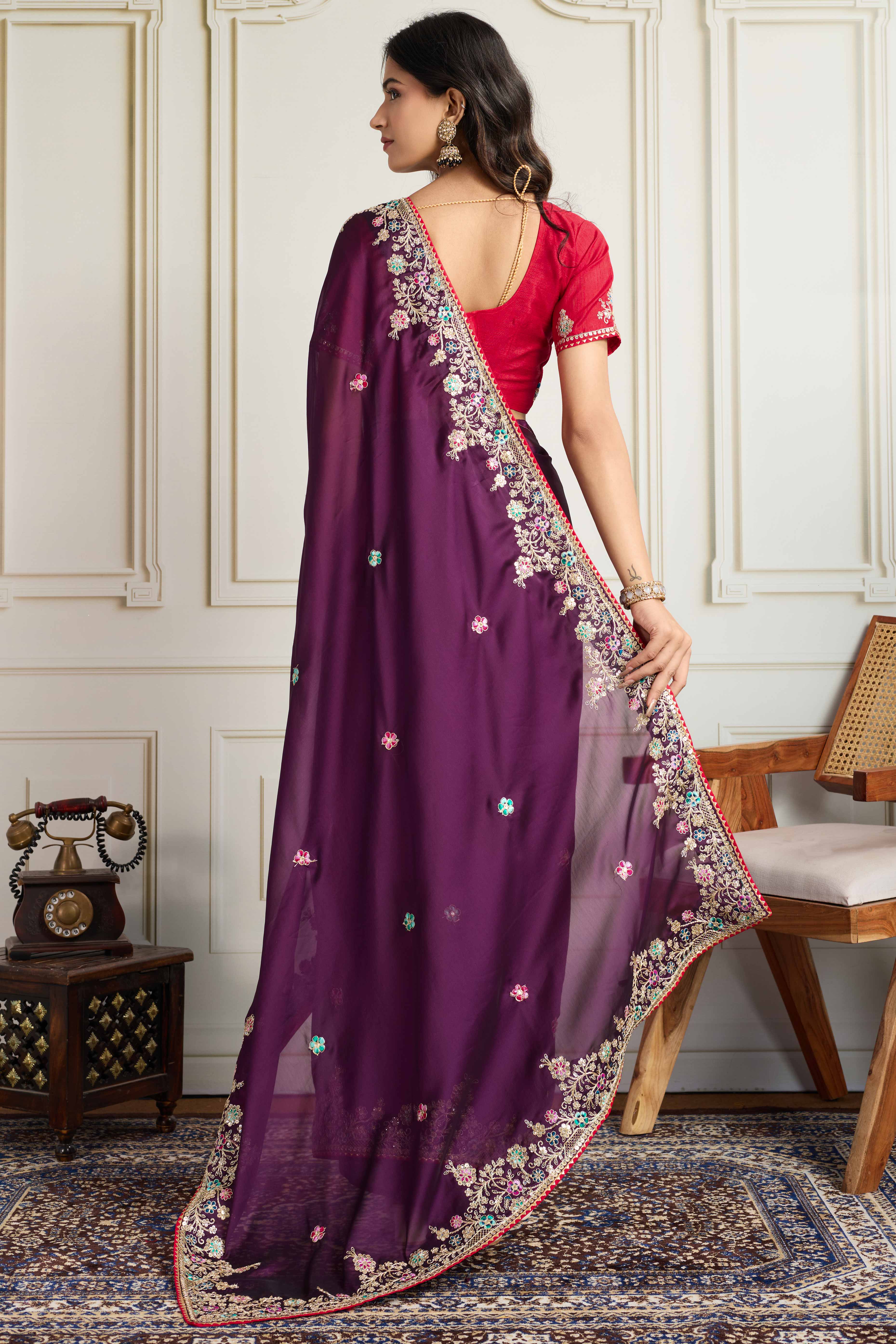 Purple Star Georgette Party Saree with Sequins and Floral Embroidery