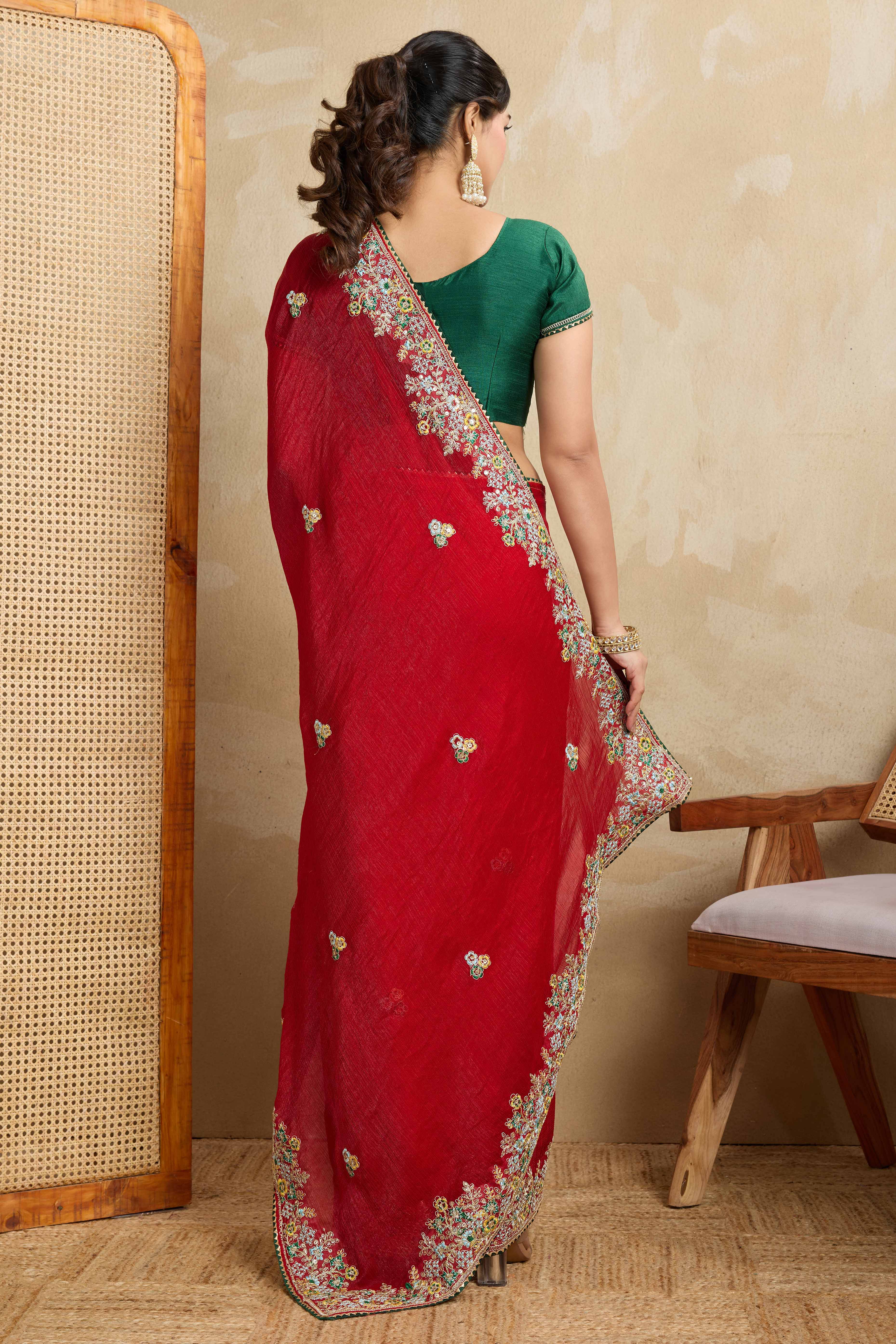 Luxe Frendy Chiffon Saree in Bold Red with Delicate Floral Embroidery