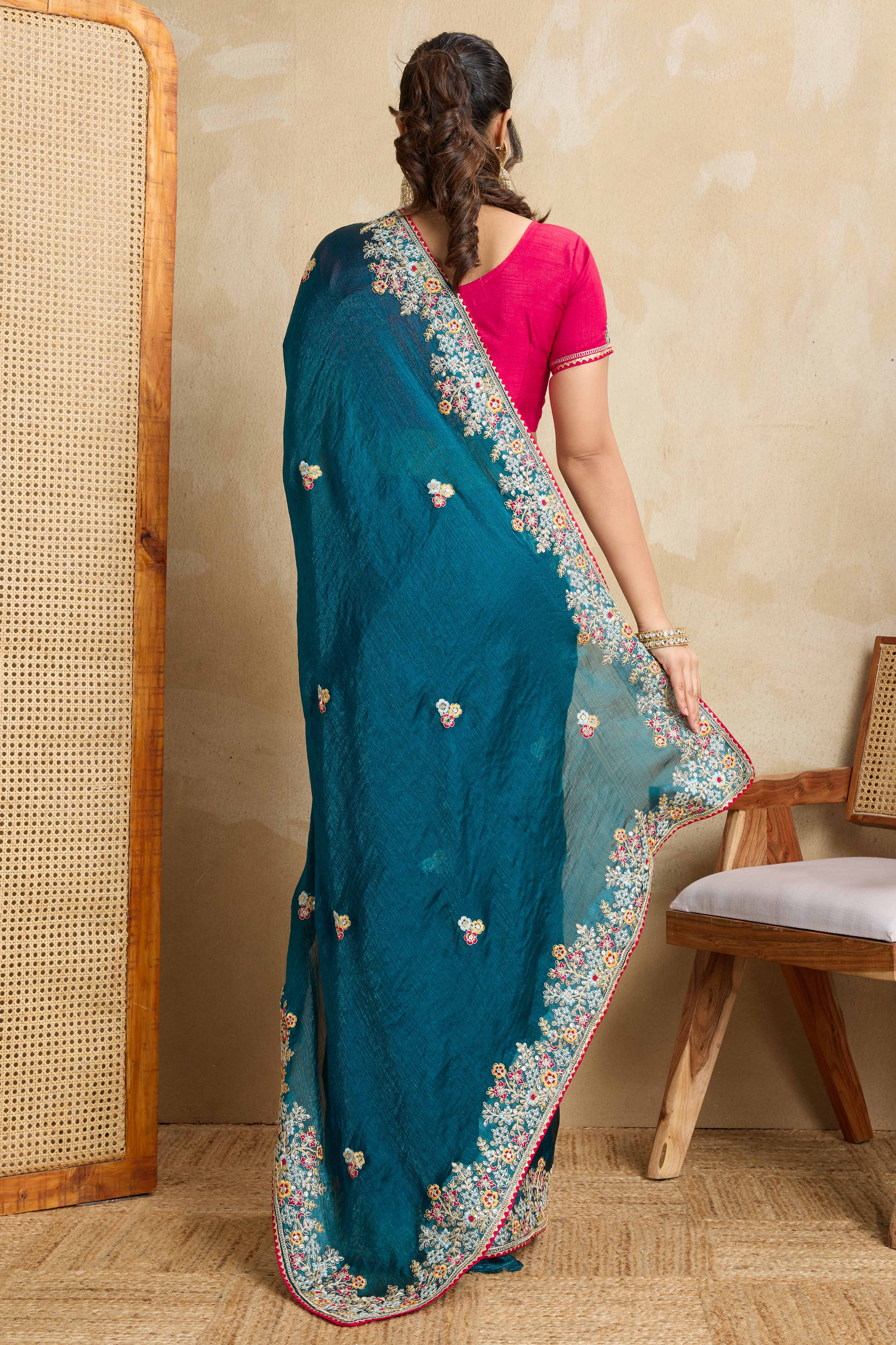Luxe Frendy Chiffon Saree in Bold Teal with Delicate Floral Embroidery