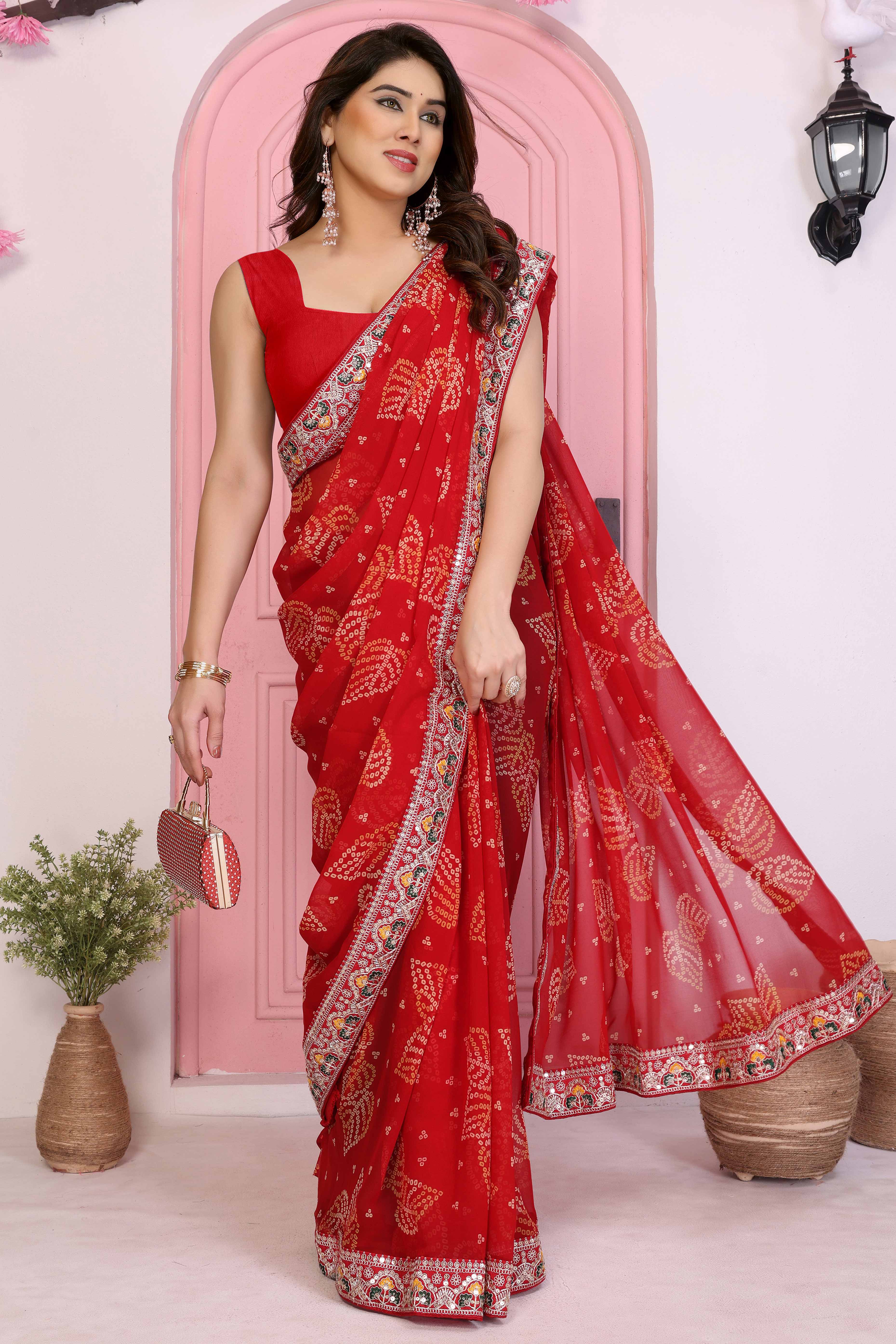 Red Georgette Saree with Traditional Bandhani Print and Lace Accents