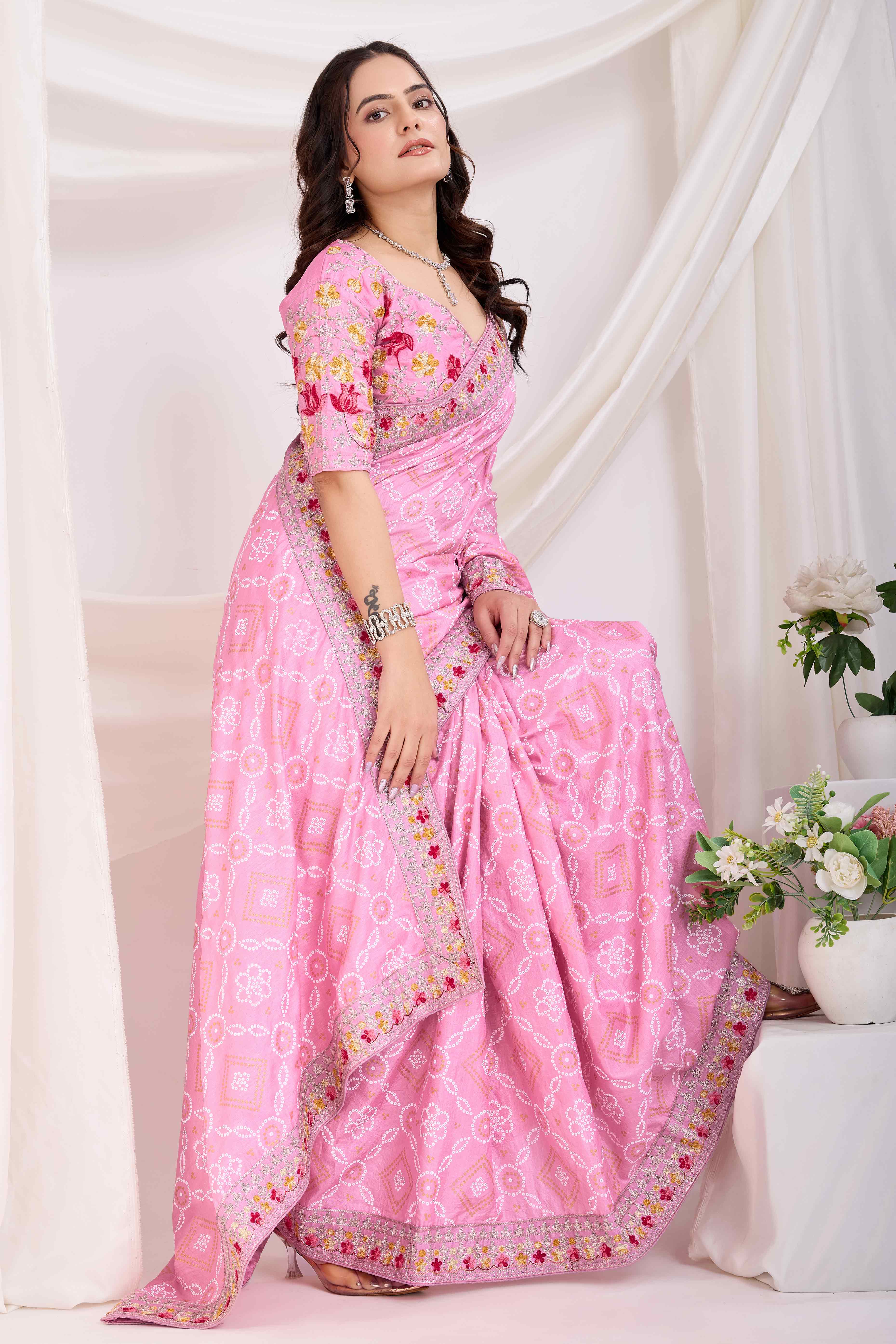 Pink Bandhani Printed Vichitra Silk Saree With Embroidery Border