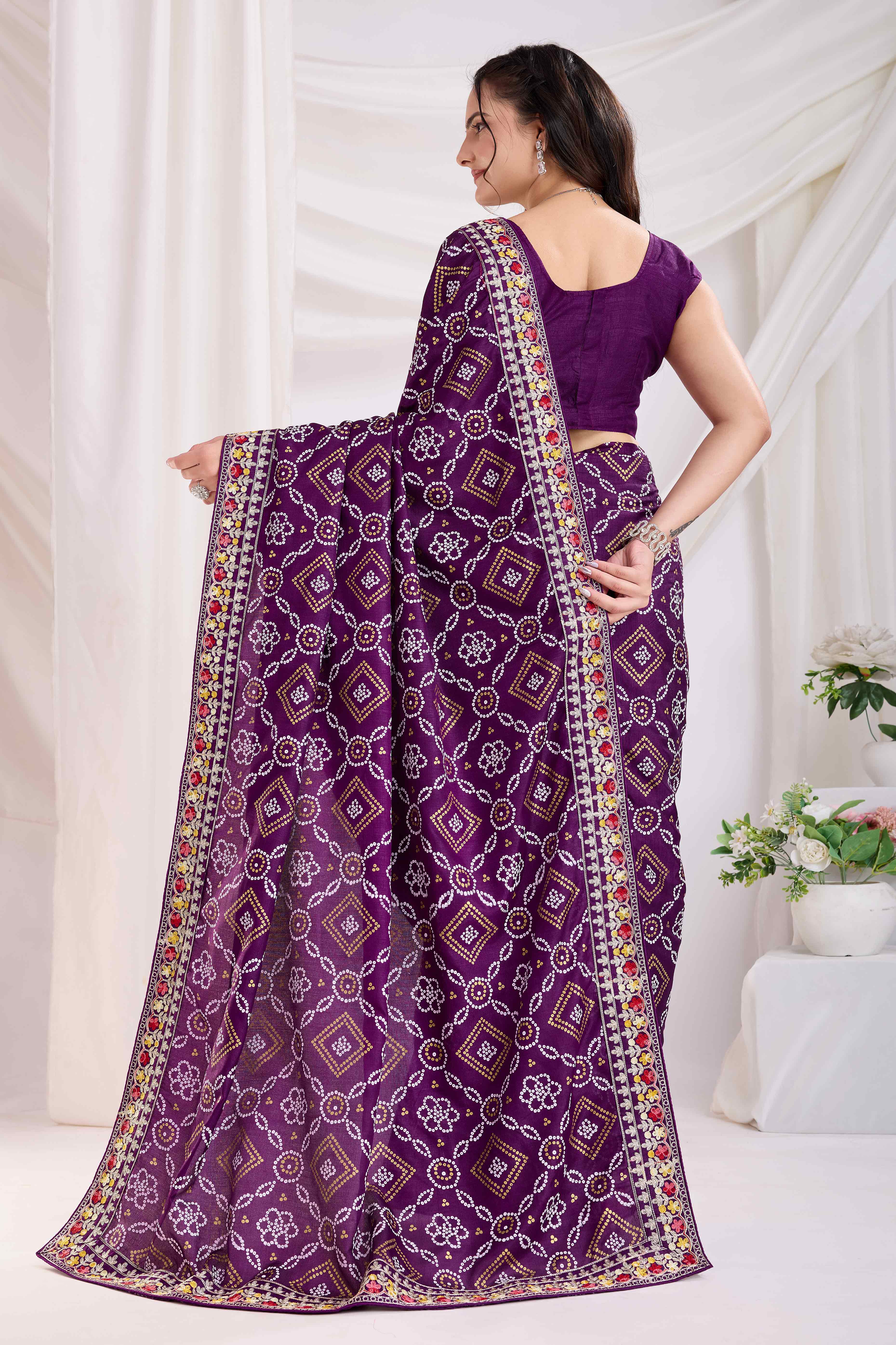 Wine Bandhani Printed Vichitra Silk Saree With Embroidery Border