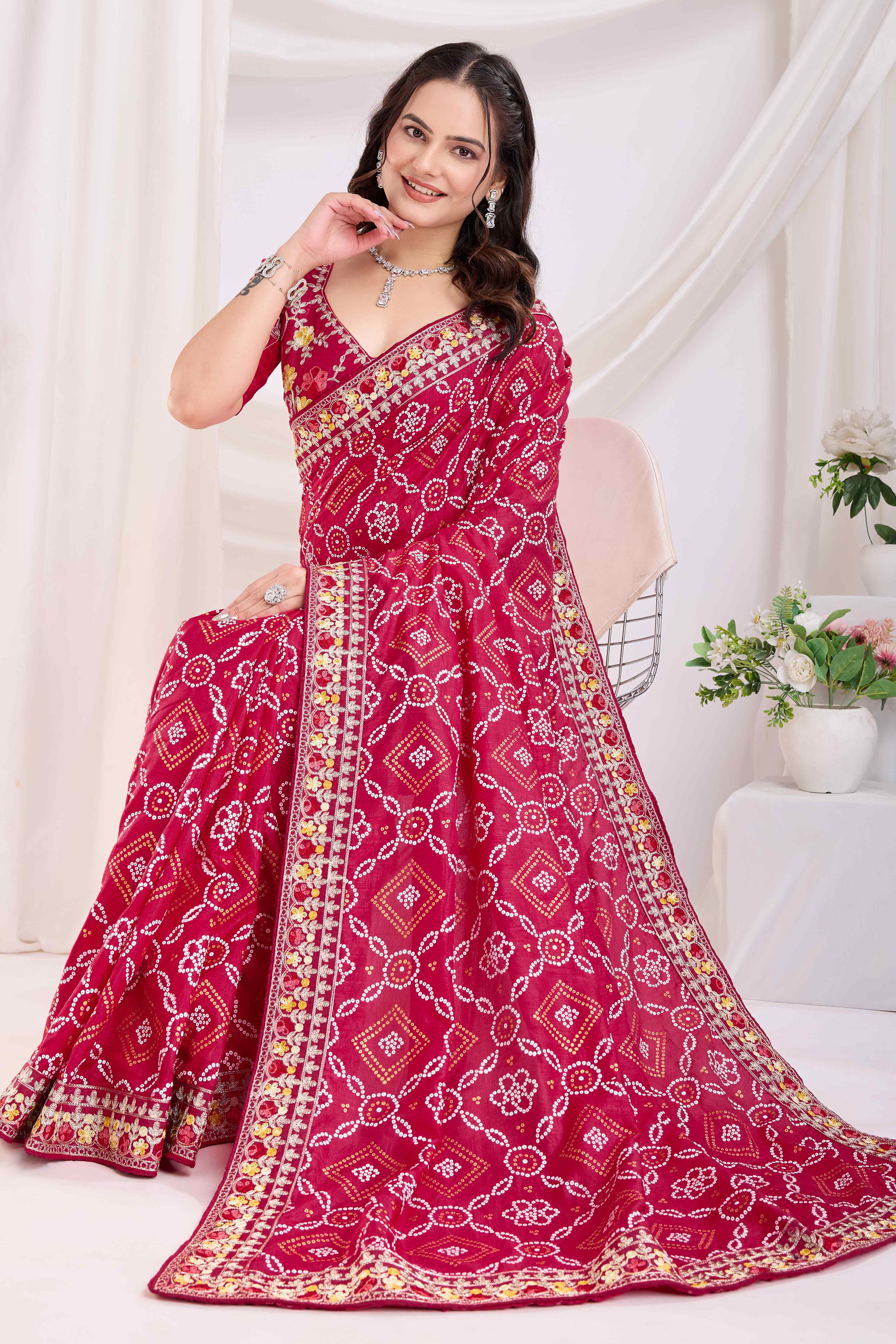 Cherry Red Bandhani Printed Vichitra Silk Saree With Embroidery Border