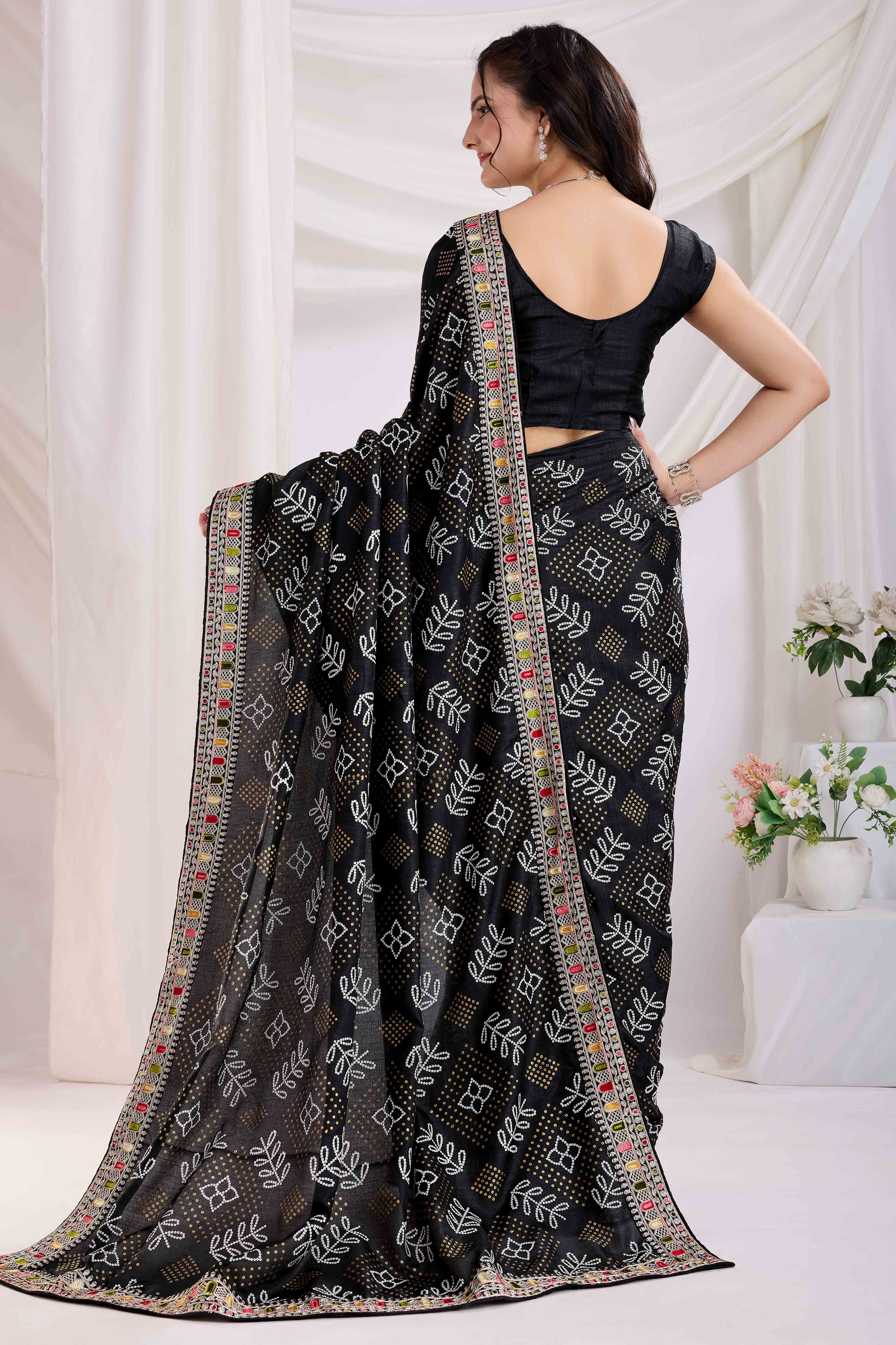 Black Bandhani Printed With Embroidered Border Vichitra Silk Saree