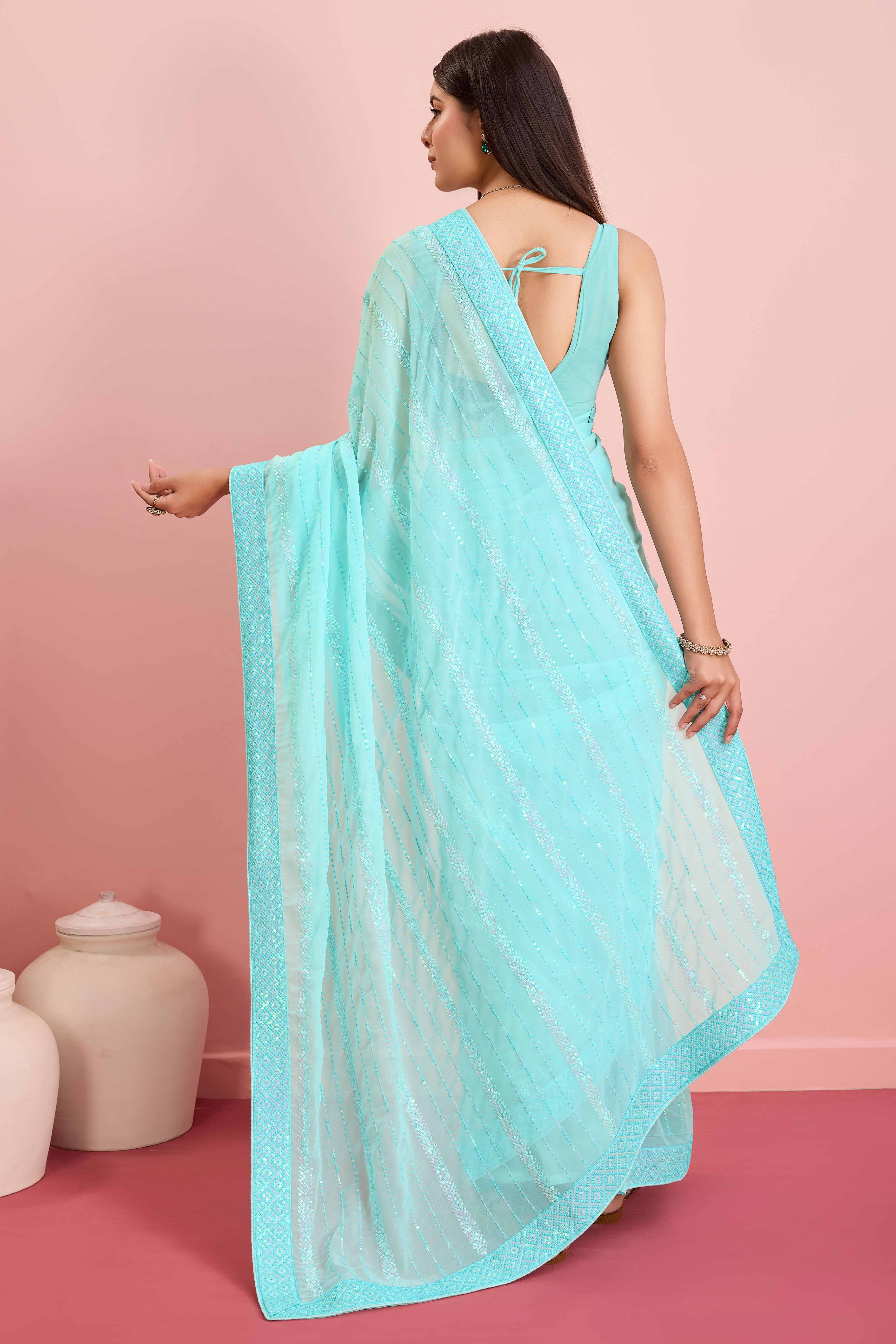 Blue Sequins Embroidered Georgette Saree