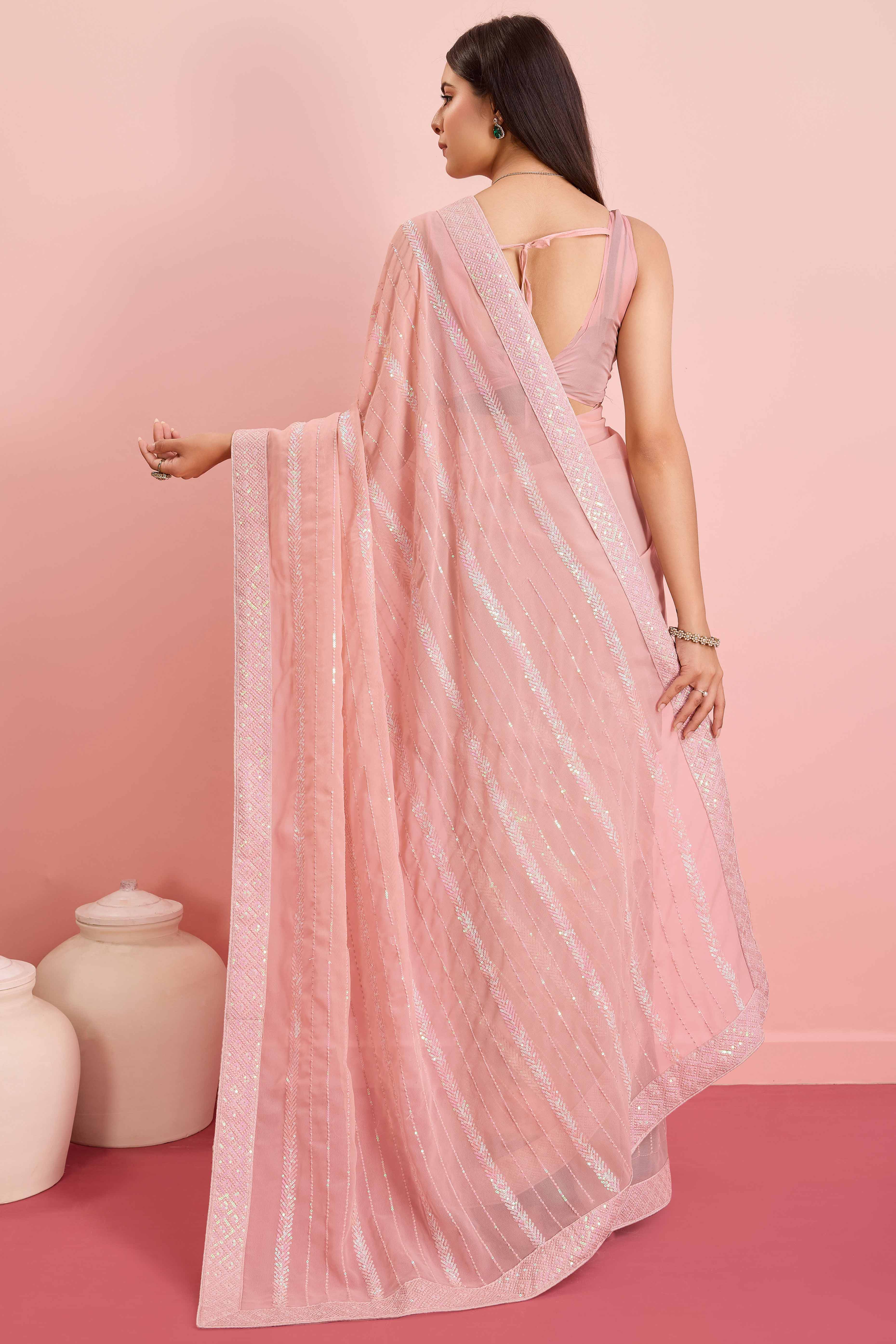 Peach Sequins Embroidered Georgette Saree