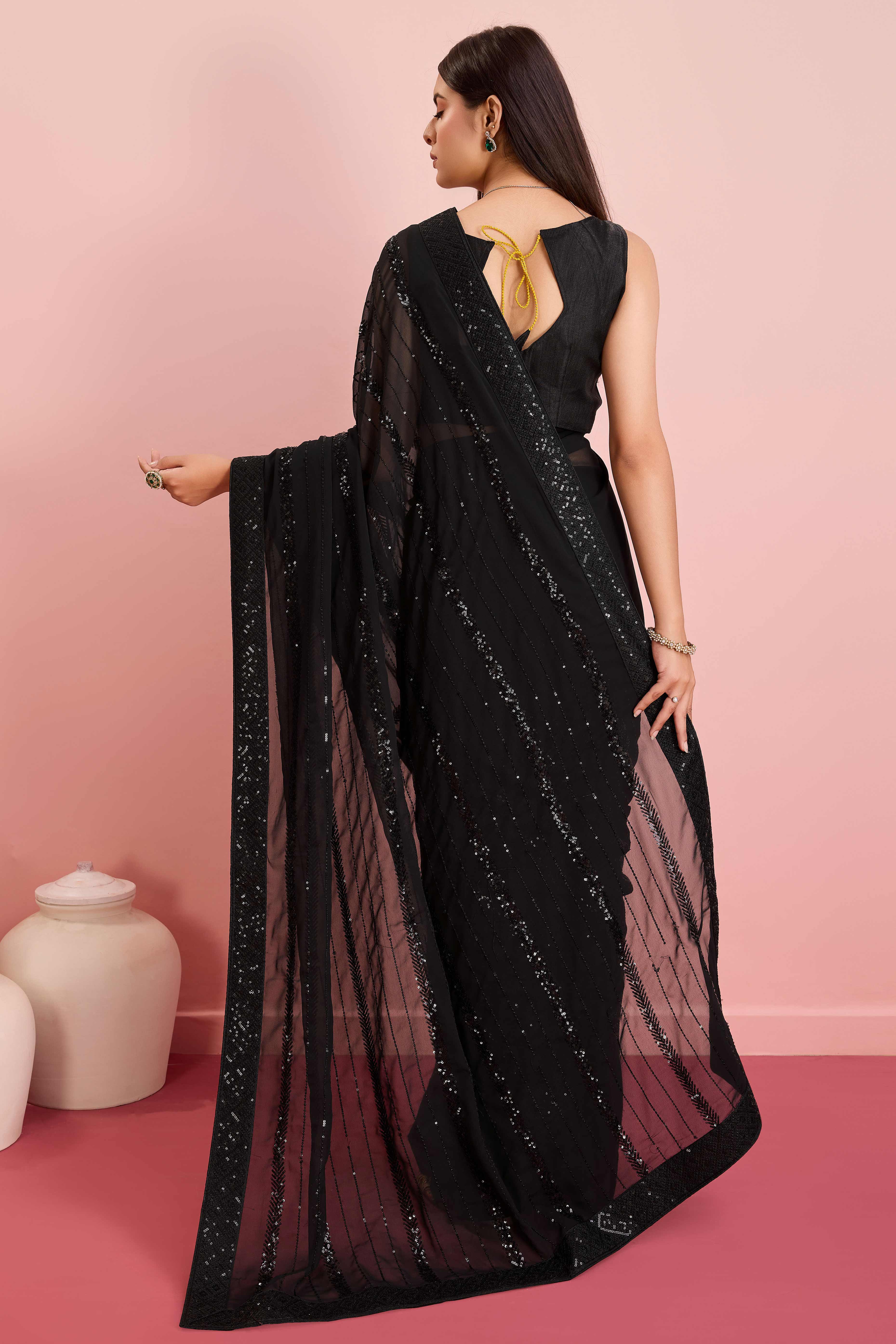 Black Sequins Embroidered Georgette Saree