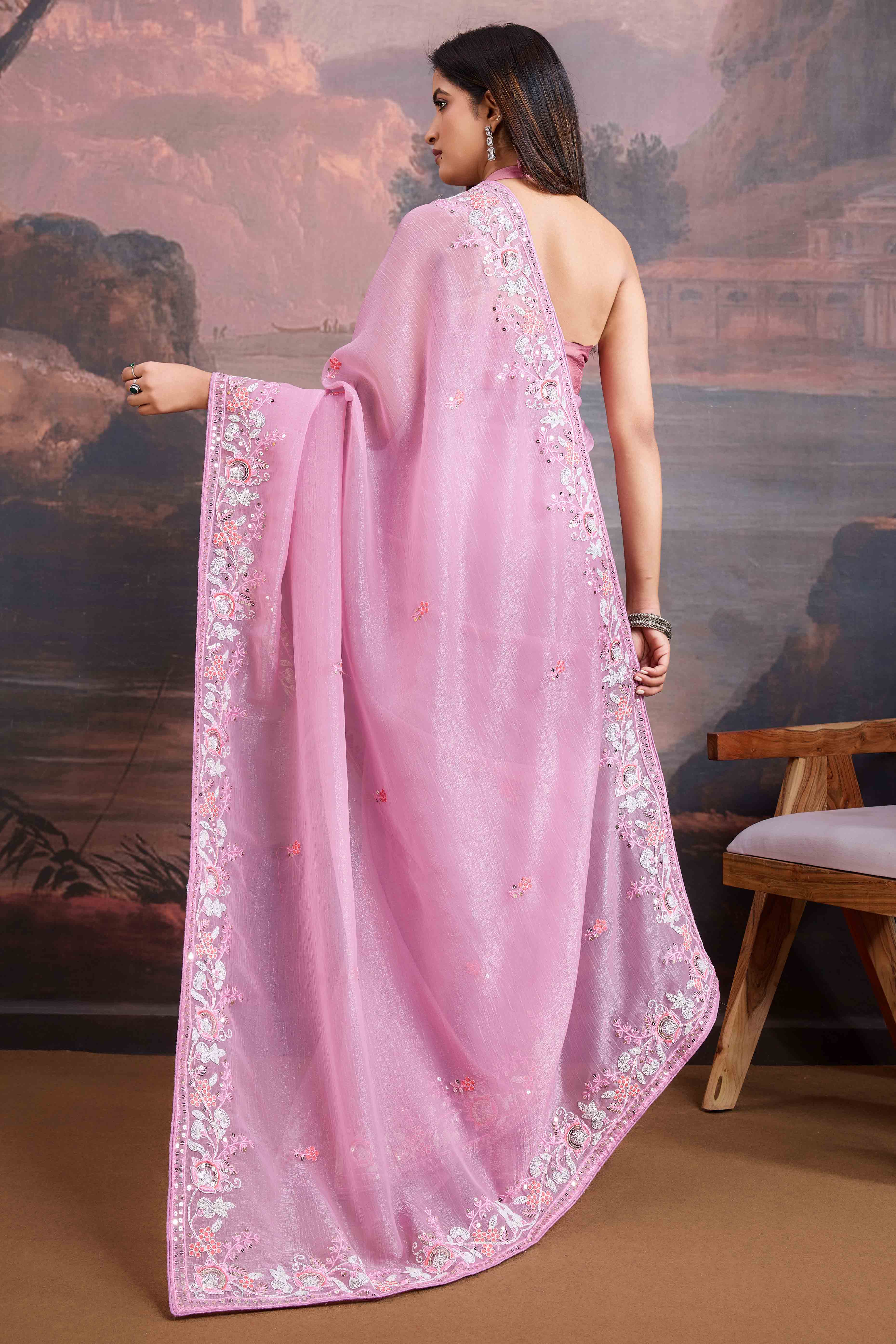Pink Floral Sequins Embroidered Organza Saree