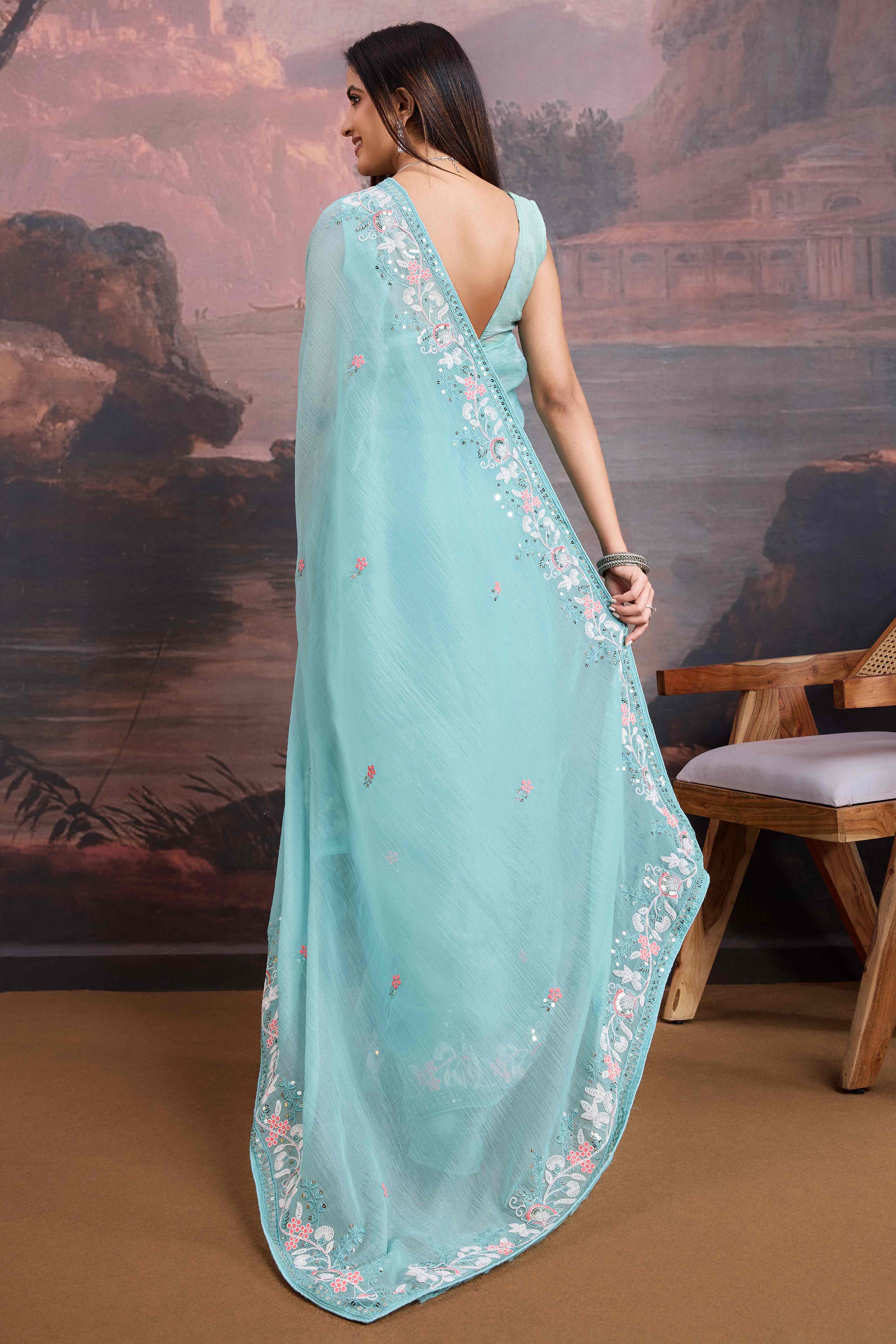 Blue Floral Sequins Embroidered Organza Saree