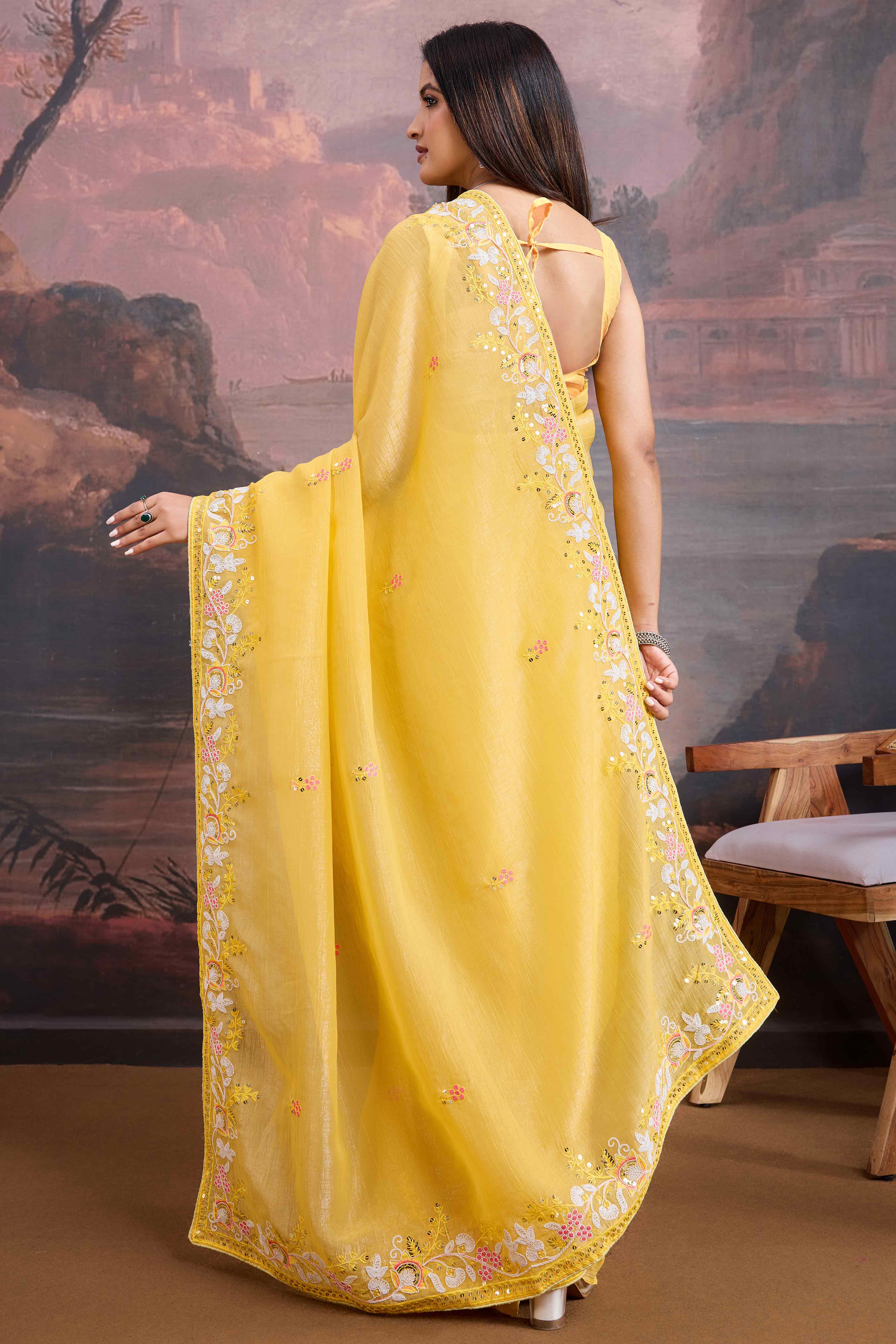 Yellow Floral Sequins Embroidered Organza Saree