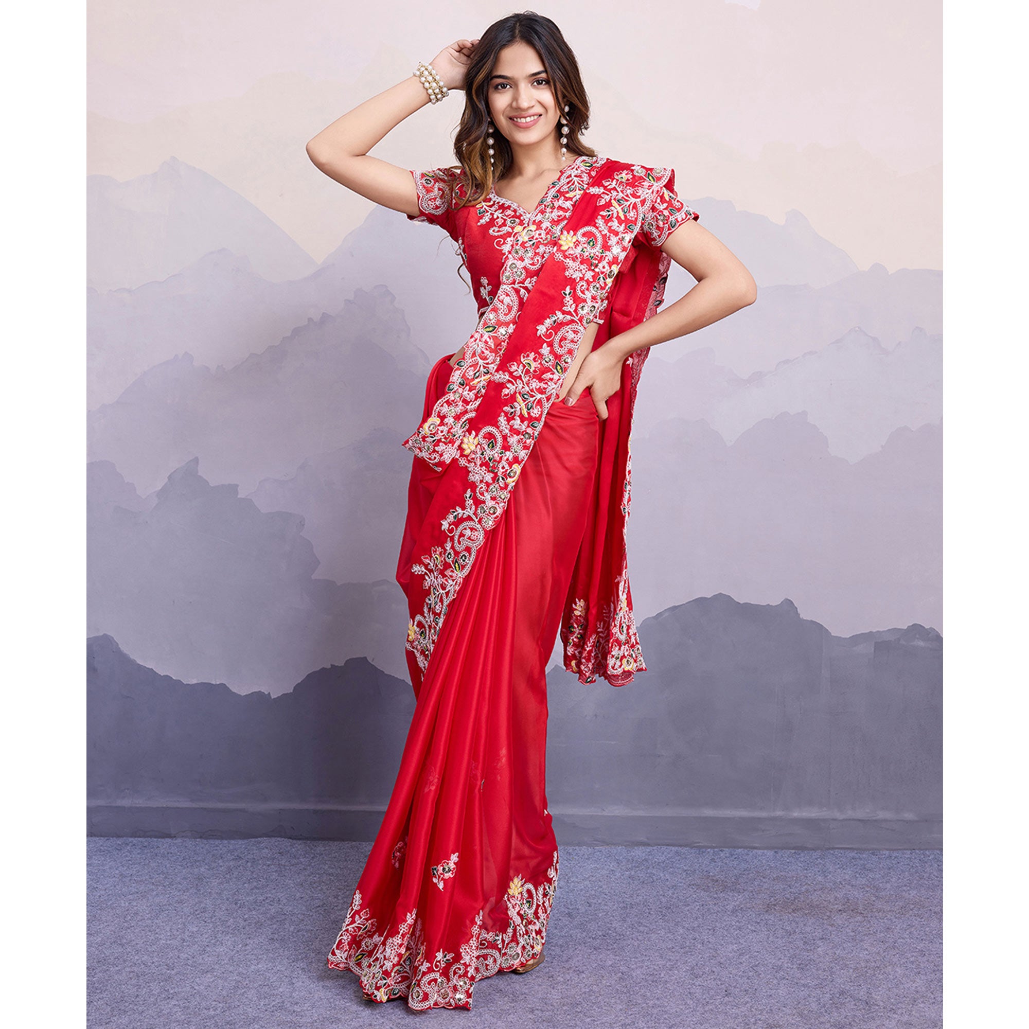Red Floral Sequins Embroidered Art Silk Saree