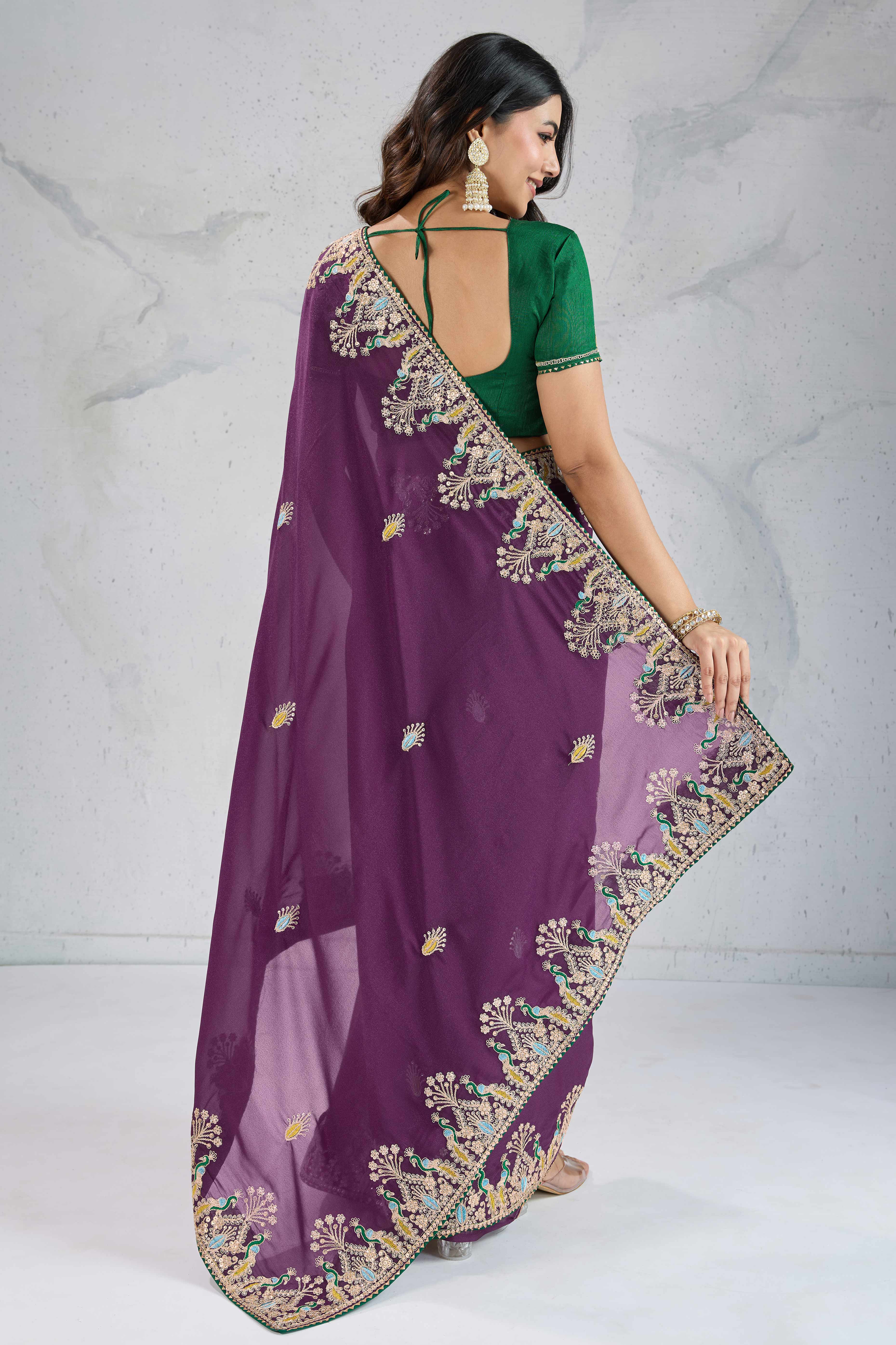 Purple Embroidered Saree with Ethnic Detailing in Georgette Fabric