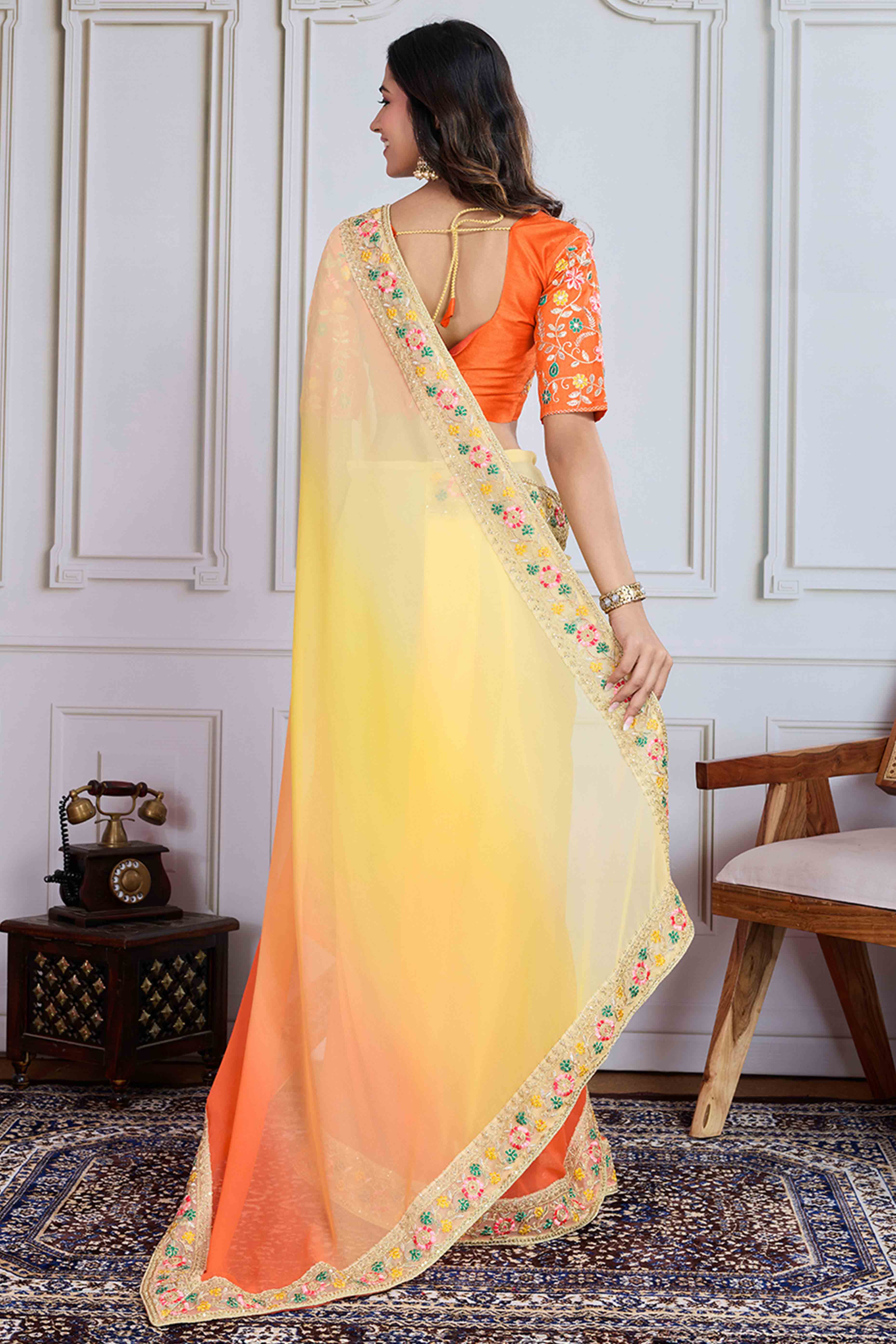 Yellow To Orange Georgette Ombre Saree With Intricate Floral Cording Embroidery & Sequin Detailing