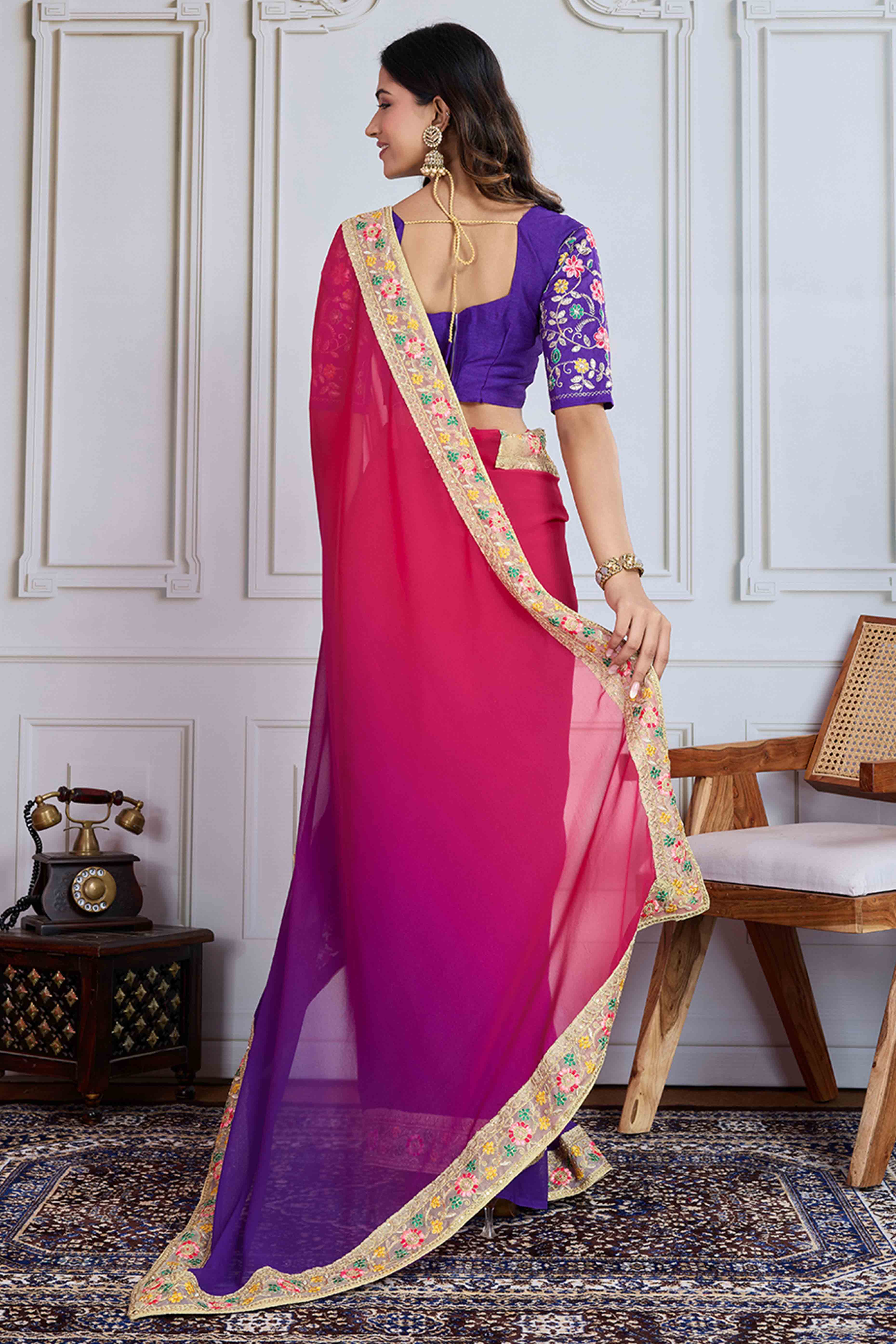 Pink To Purple Georgette Ombre Saree With Intricate Floral Cording Embroidery & Sequin Detailing