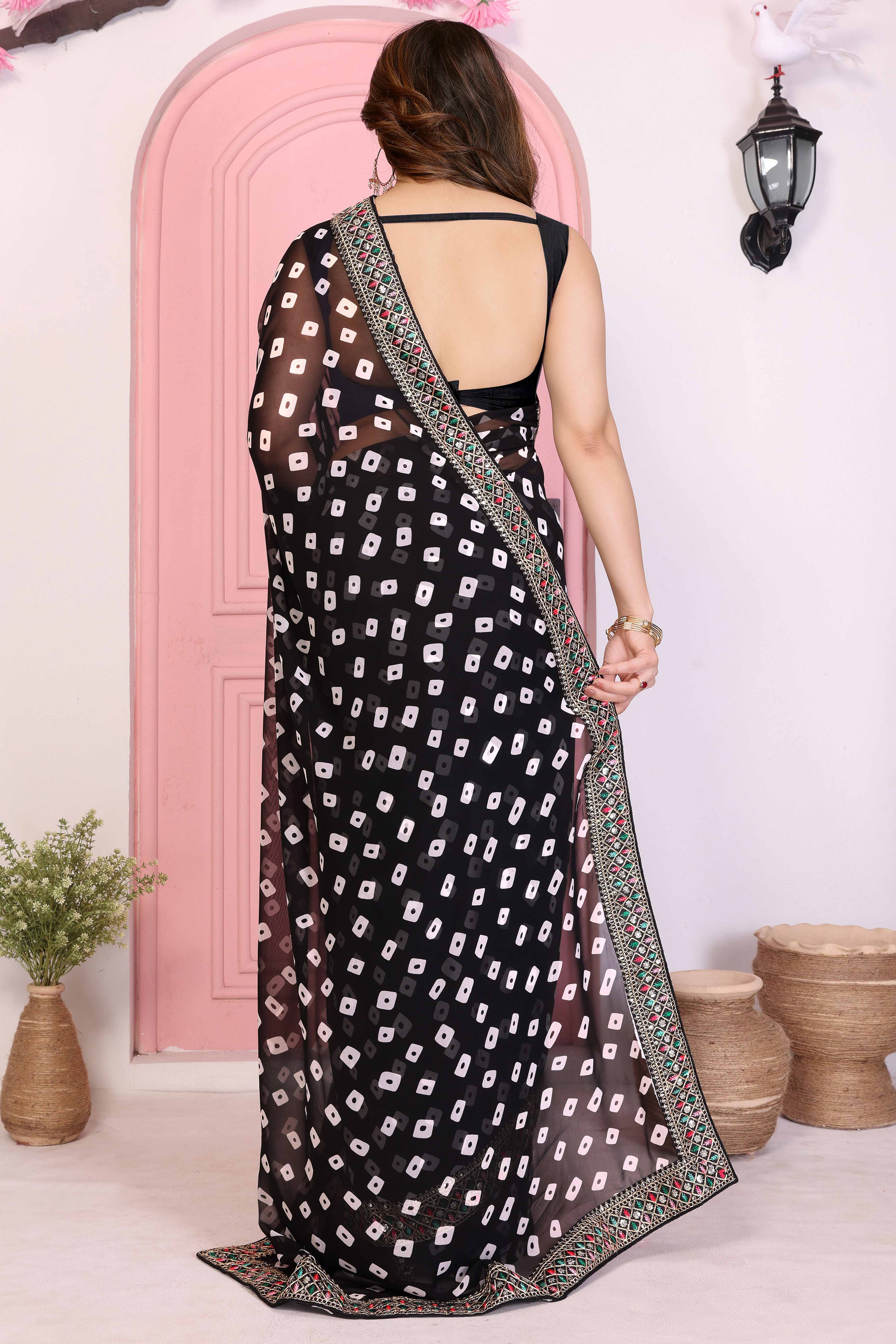 Black Georgette Saree With Bandhani Print & Exquisite Cording Embroidery Border