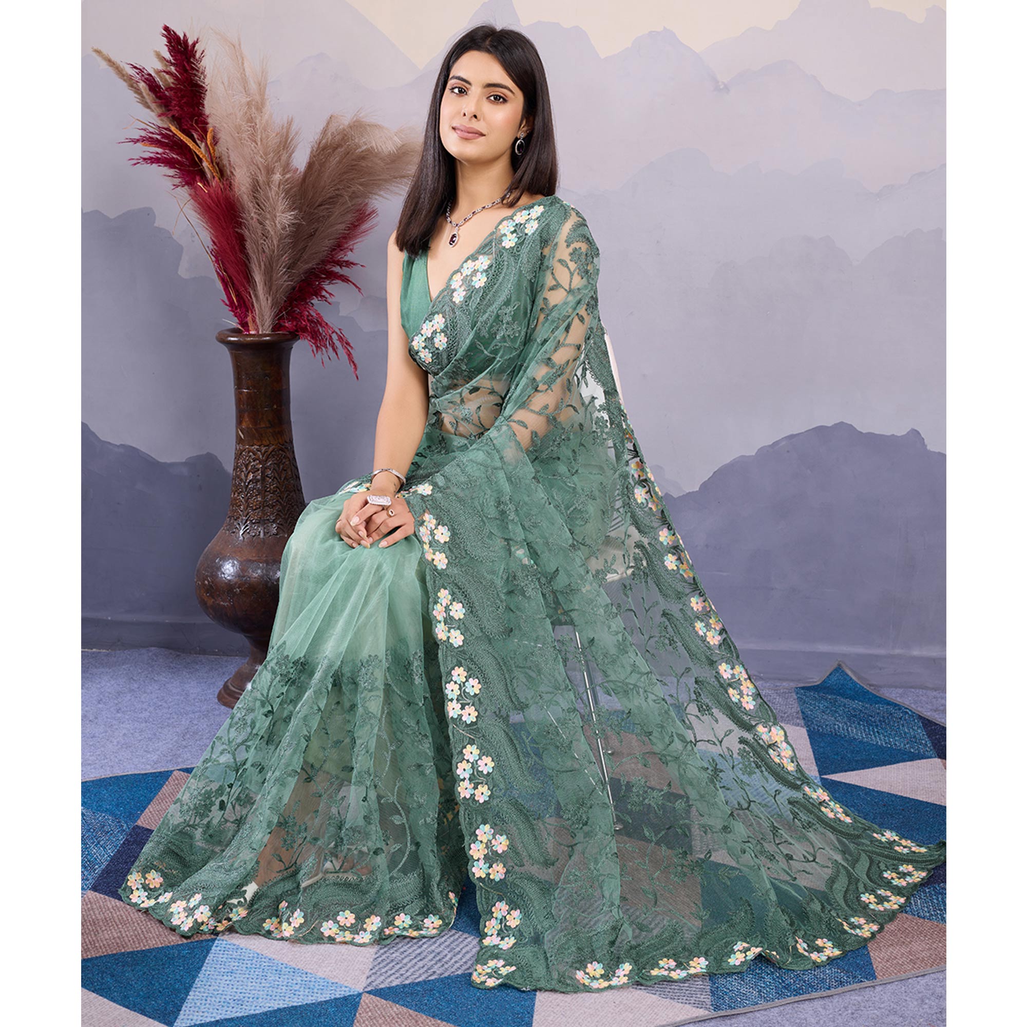 Green Floral Thread Embroidered Net Saree