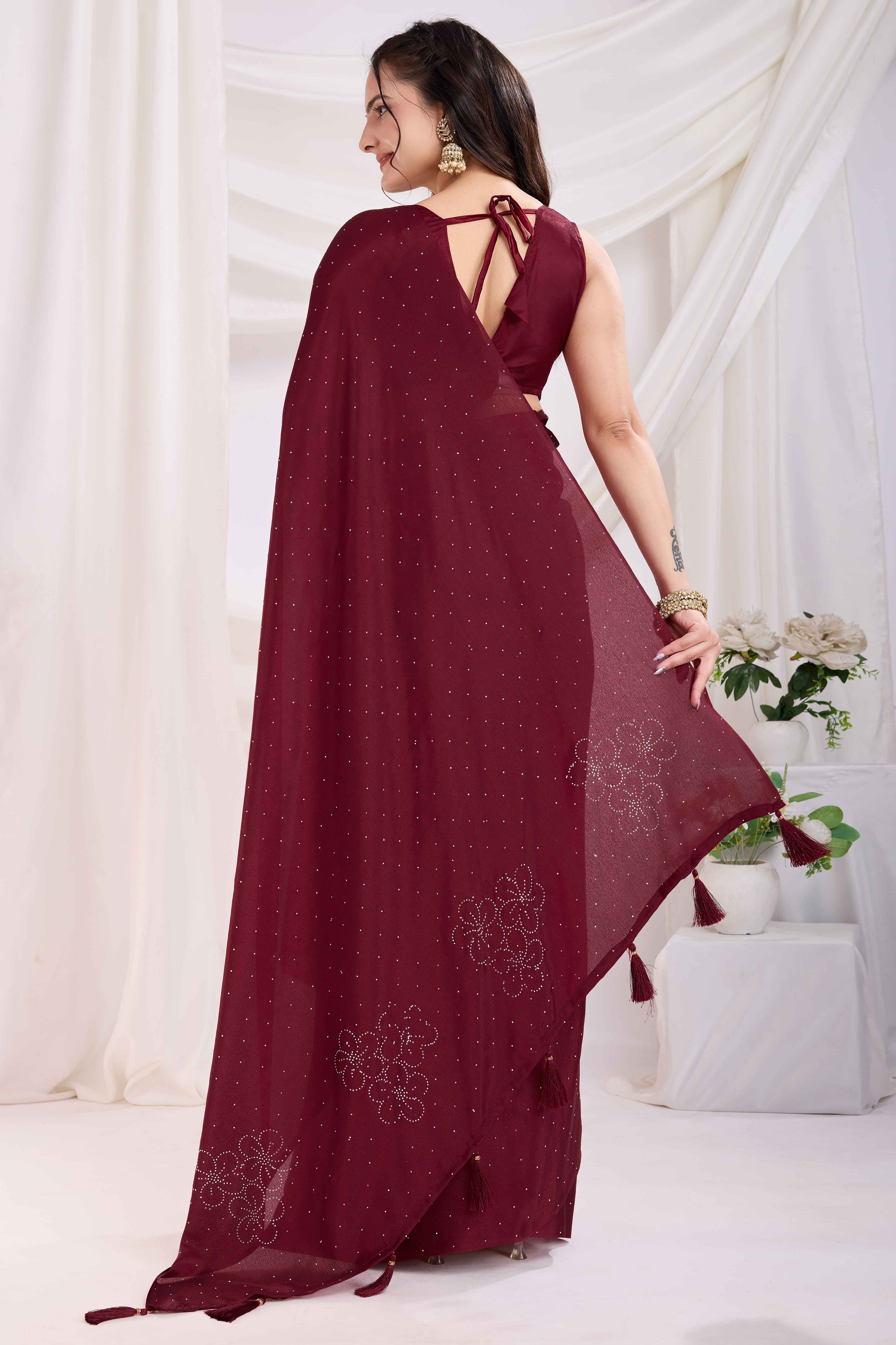 Maroon Floral Swarovski Work Rangoli Art Silk Ready To Wear Saree