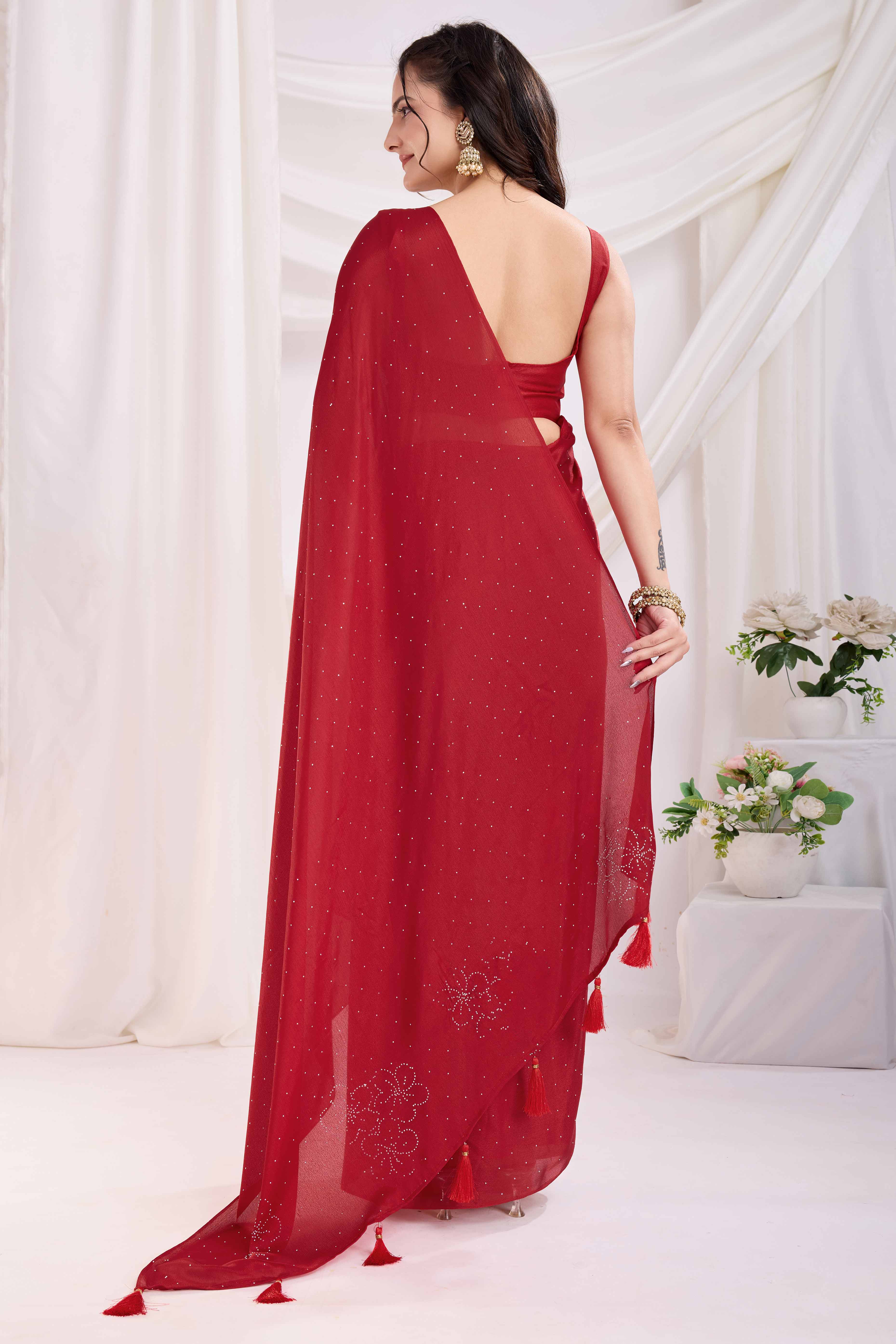 Red Floral Swarovski Work Rangoli Art Silk Ready To Wear Saree