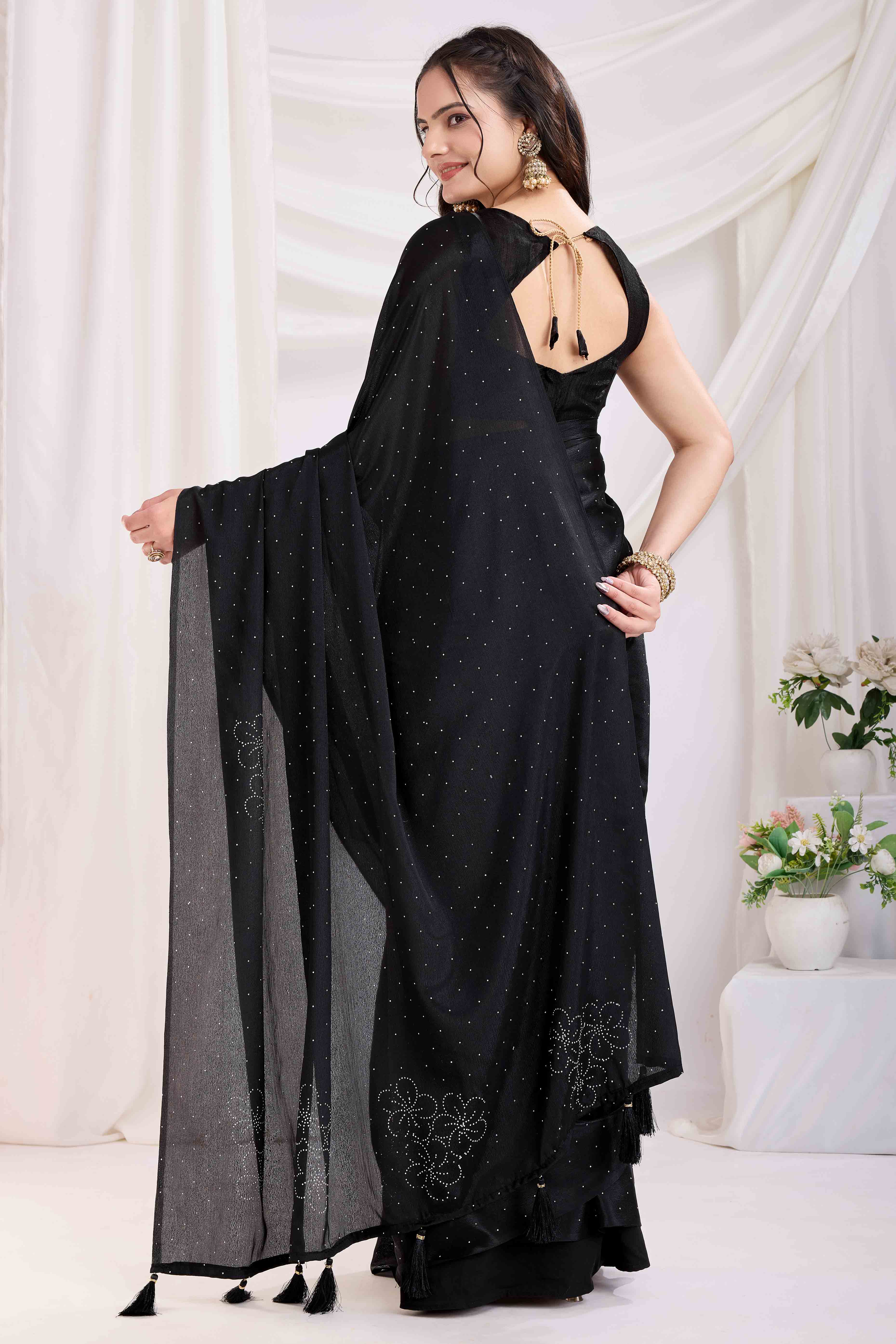 Black Floral Swarovski Work Rangoli Art Silk Ready To Wear Saree