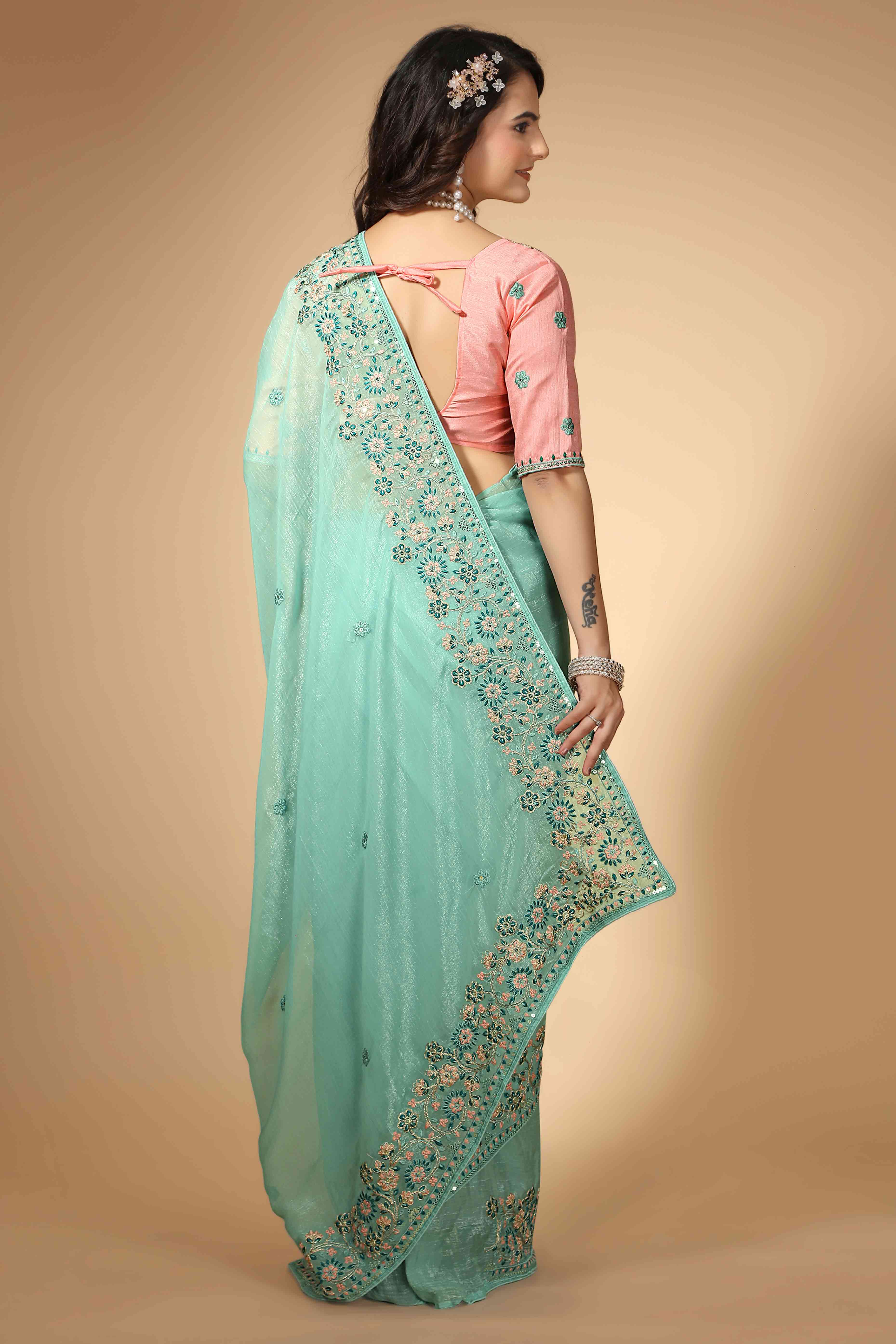 Turquoise Floral Sequins Embroidered Organza Silk Saree