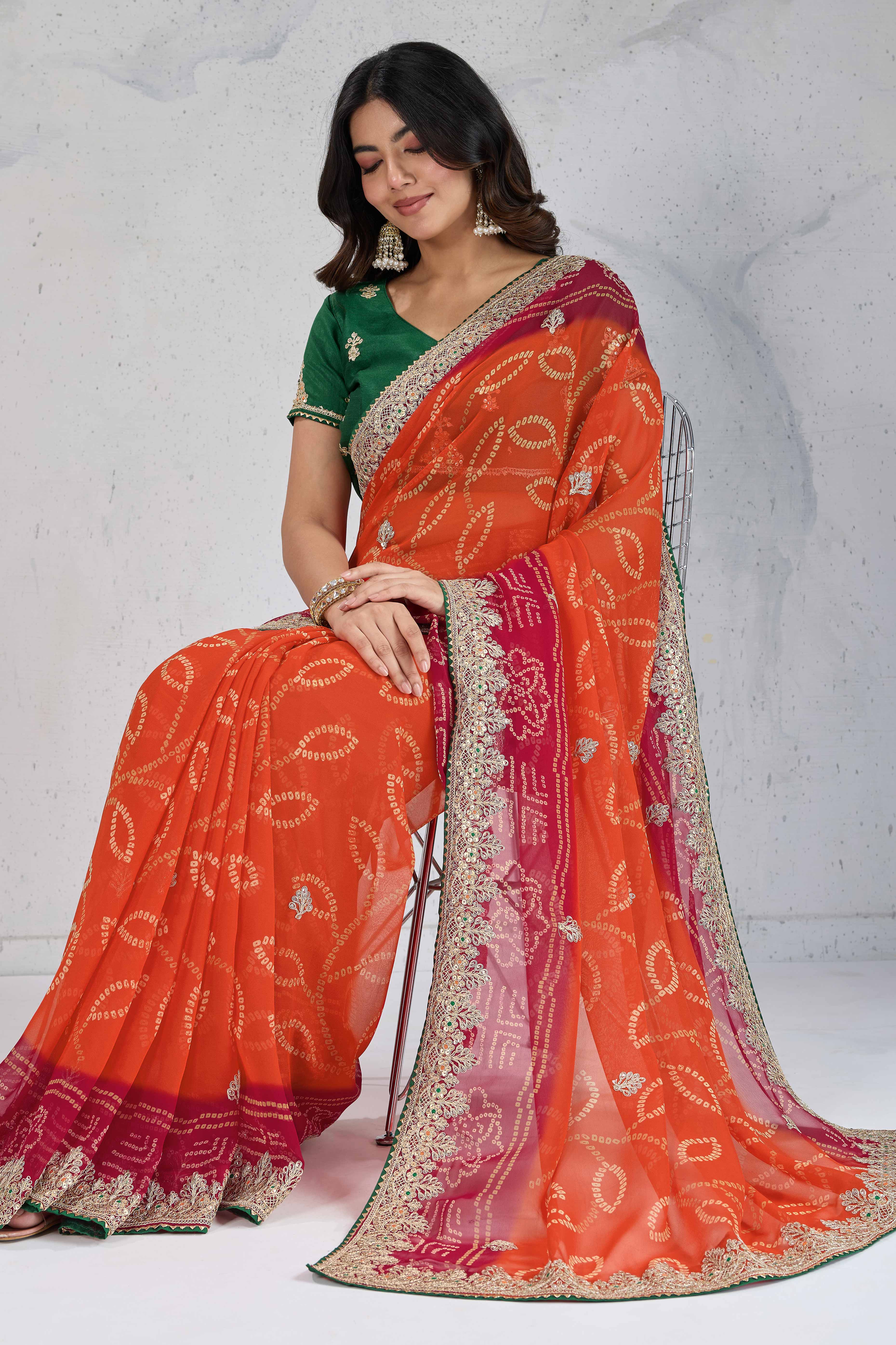 Traditional Bandhani Orange Georgette Saree with Fine Embroidery