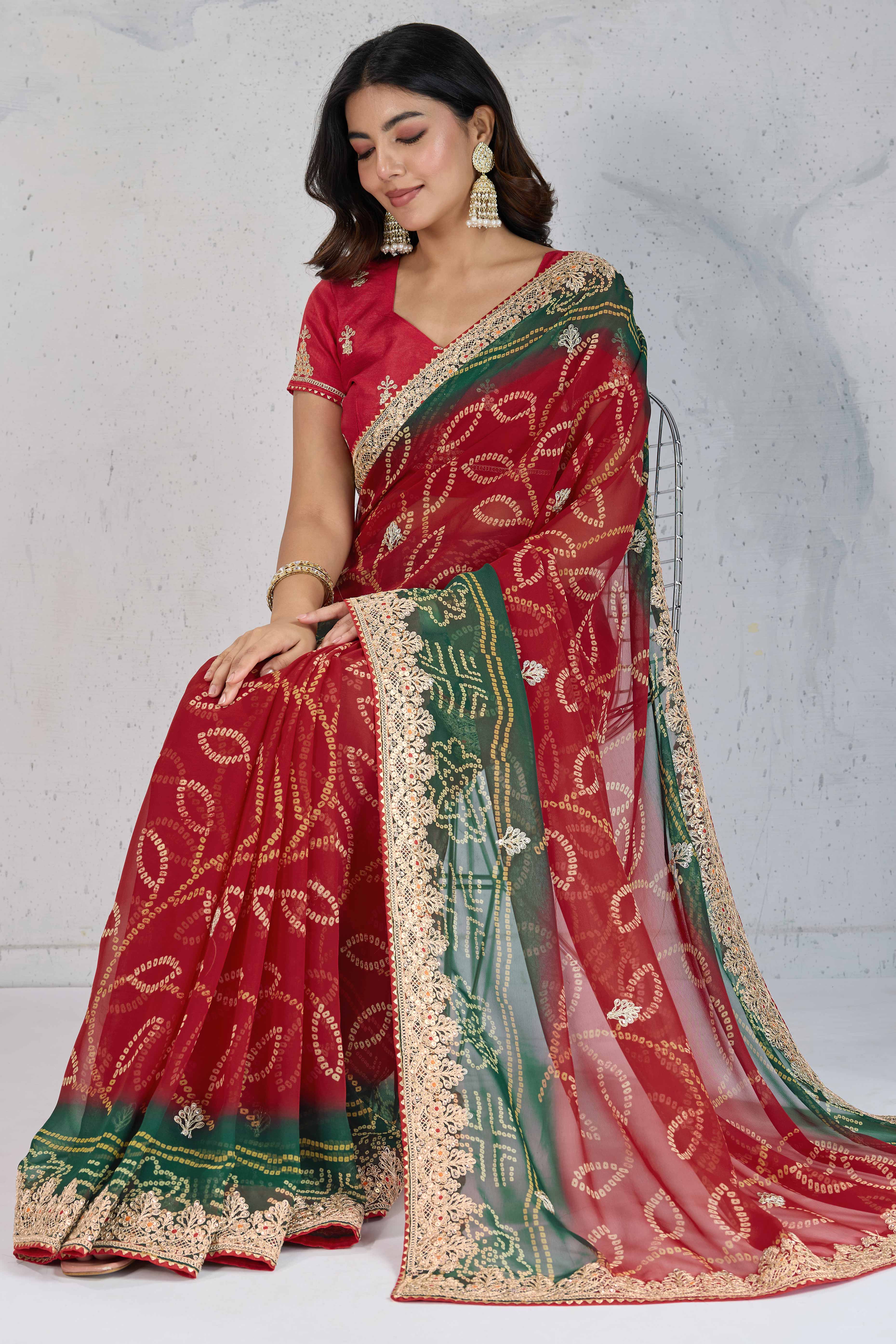Traditional Bandhani Red Georgette Saree with Fine Embroidery