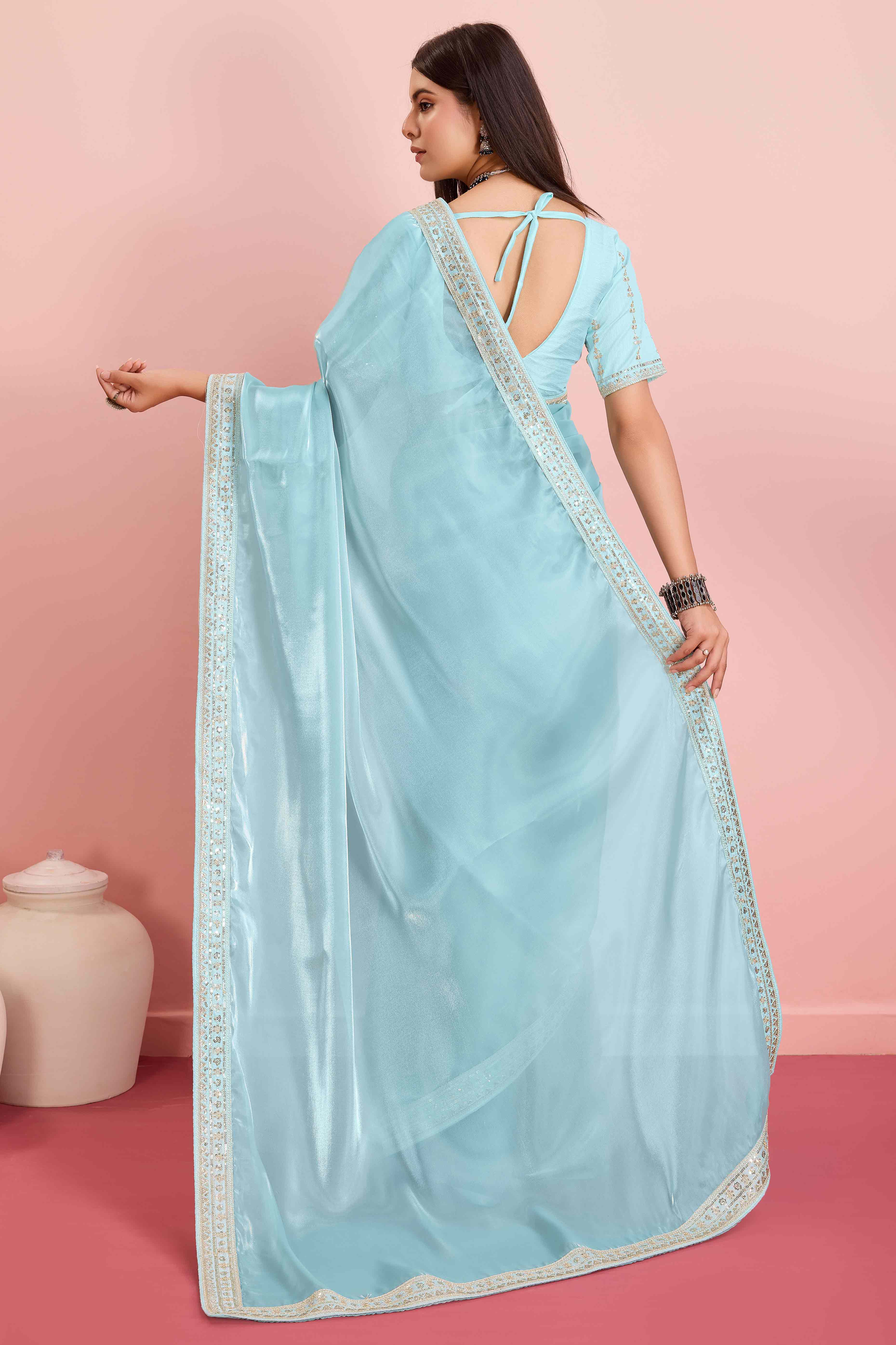 Blue Solid With Floral Sequins Embroidered Jimmy Choo Tissue Saree