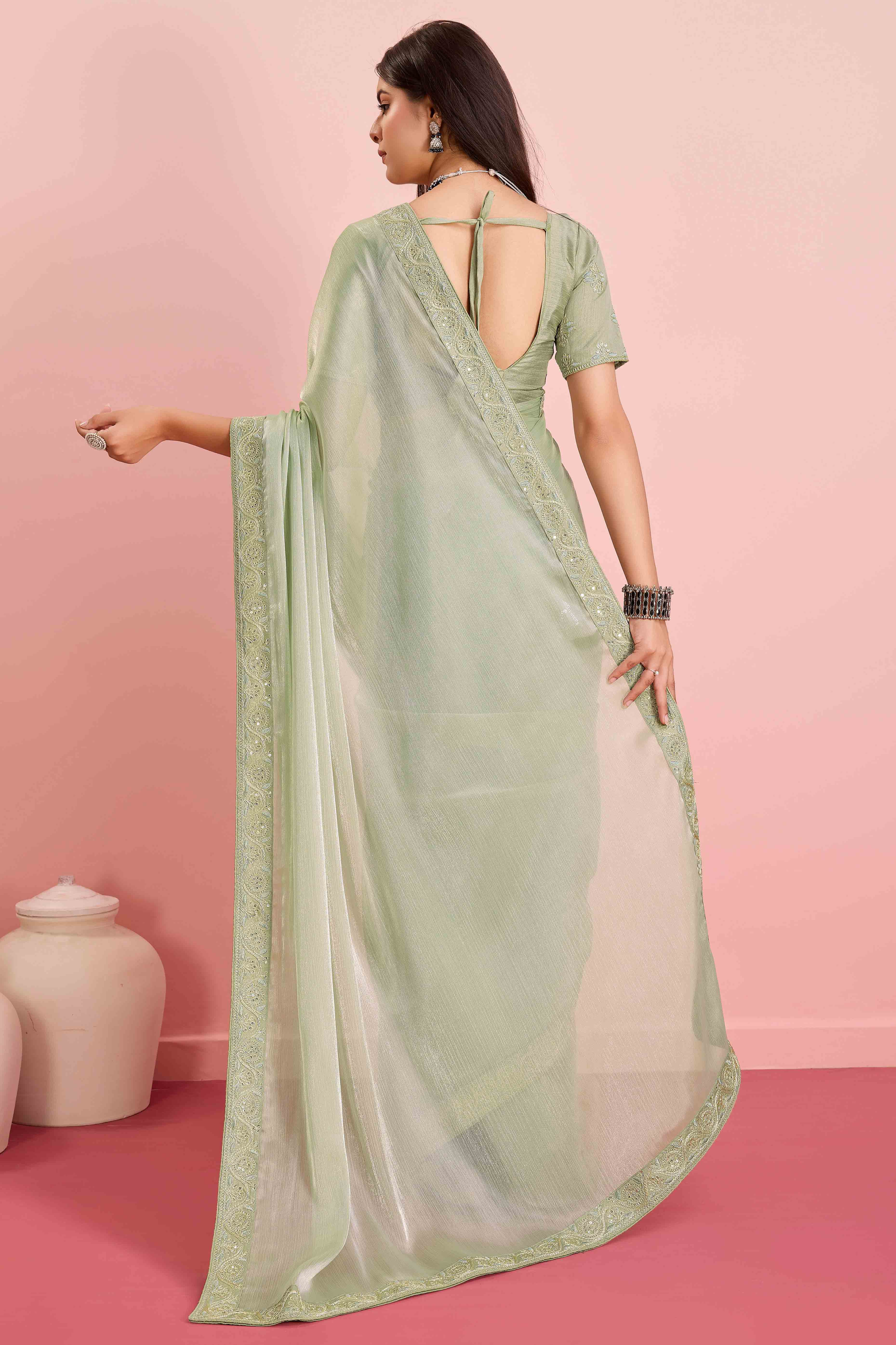 Green Solid With Sequins Embroidery Border Mulberry Silk Saree