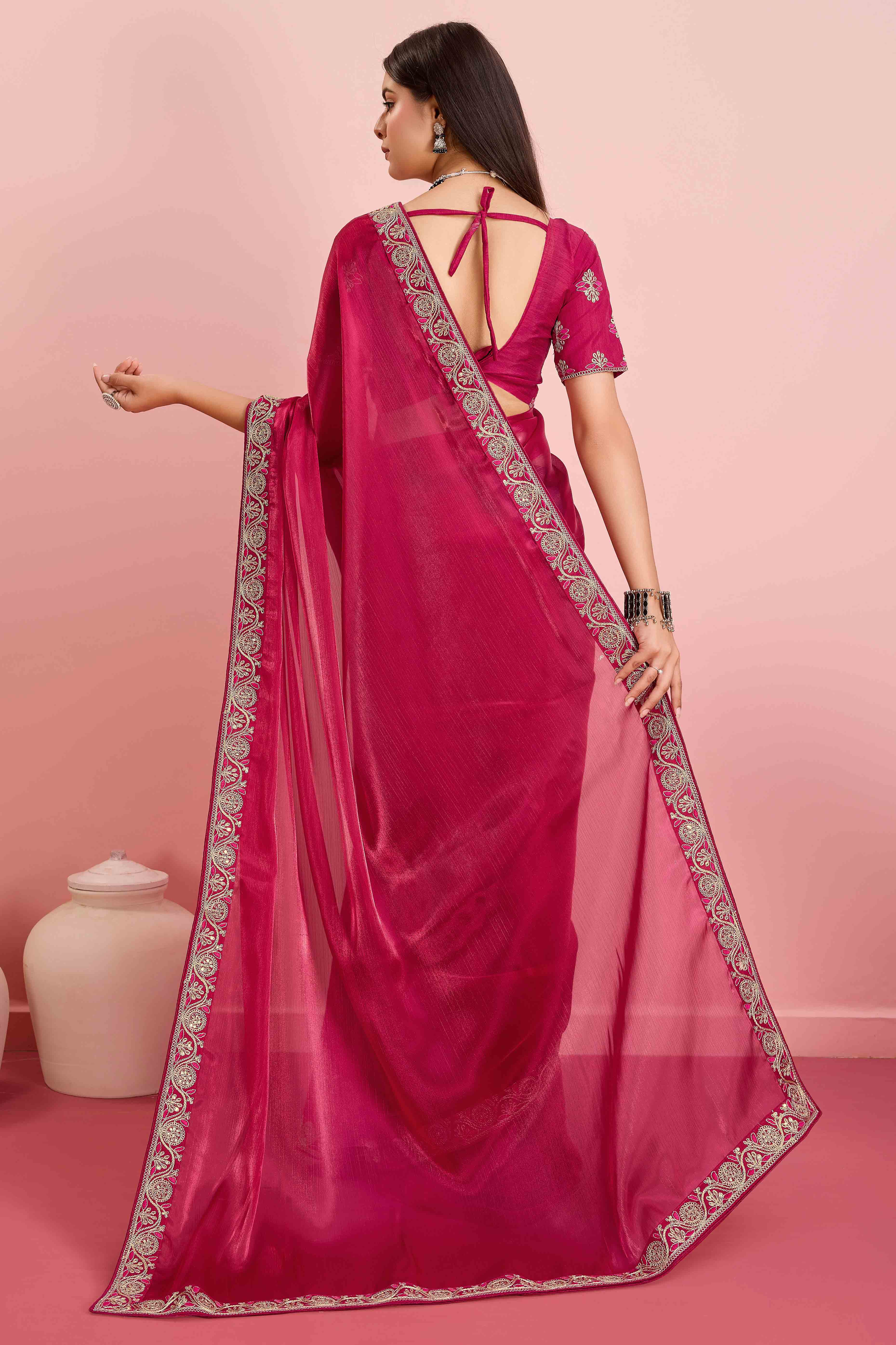 Rani Pink Solid With Sequins Embroidery Border Mulberry Silk Saree