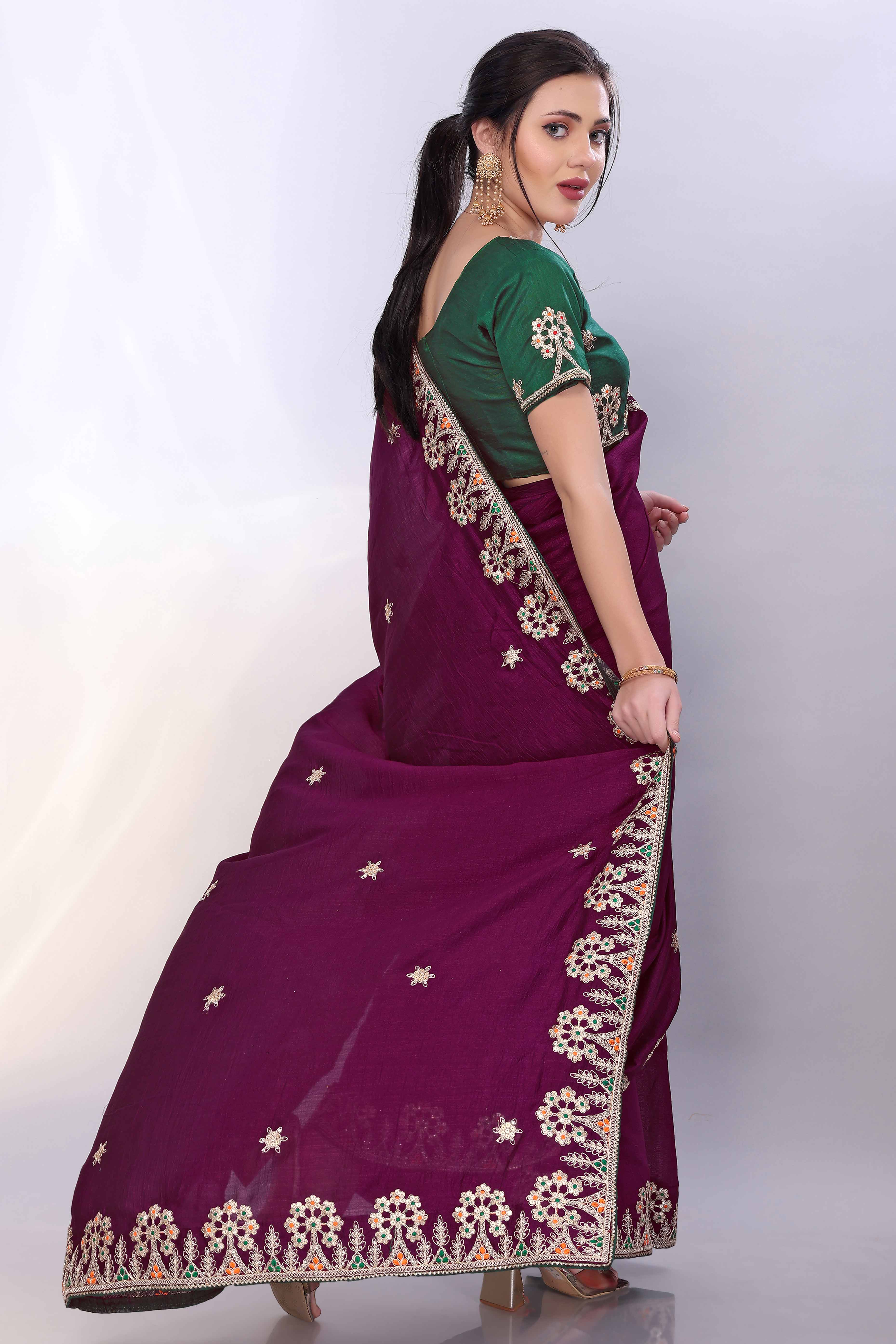 Wine Vichitra Silk Saree Embellished With Floral Cording Embroidery & Sparkling Sequins
