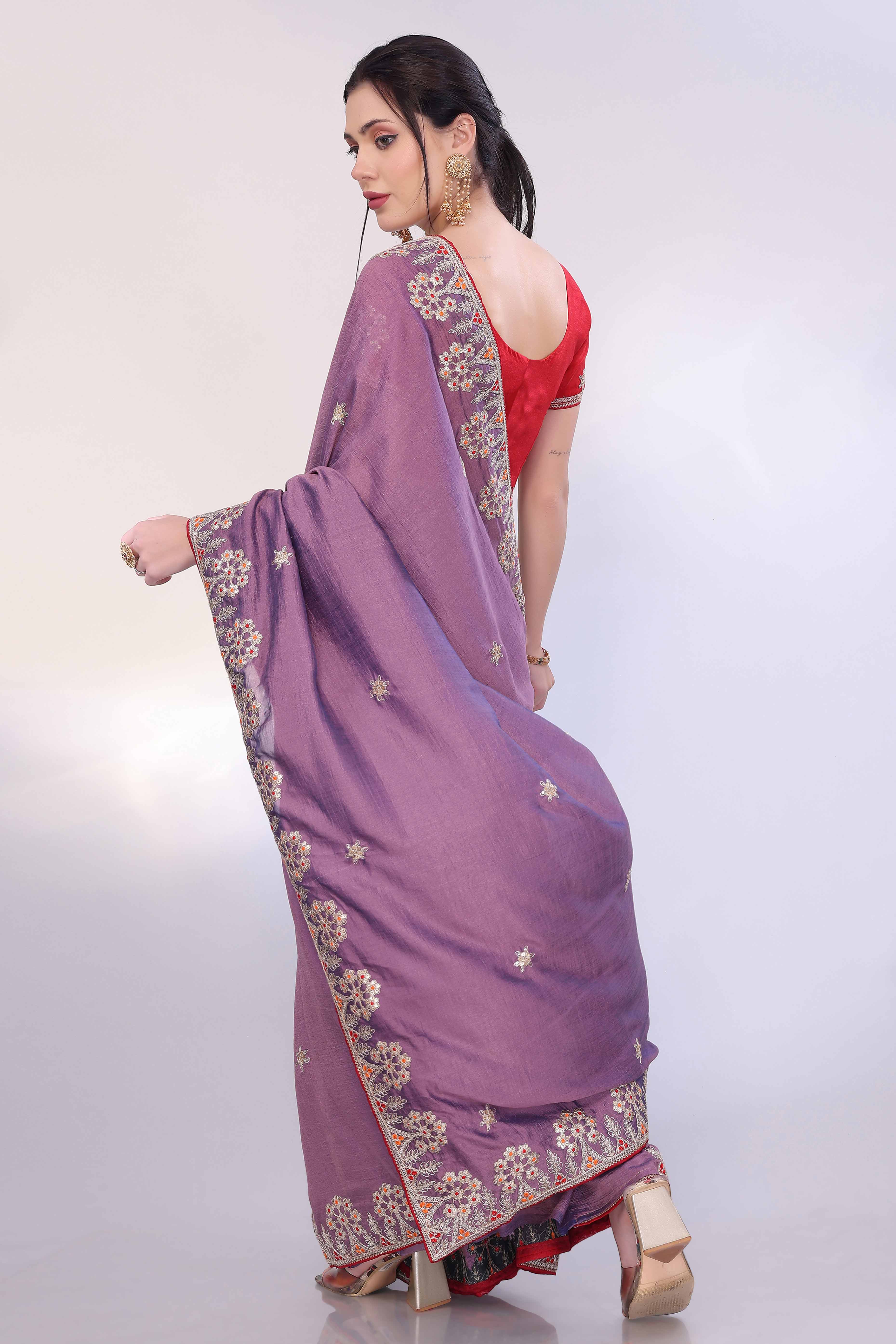 Lavender Vichitra Silk Saree Embellished With Floral Cording Embroidery & Sparkling Sequins
