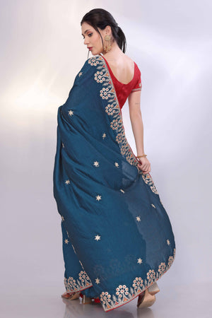 Morpich Blue Vichitra Silk Saree Embellished With Floral Cording Embroidery & Sparkling Sequins