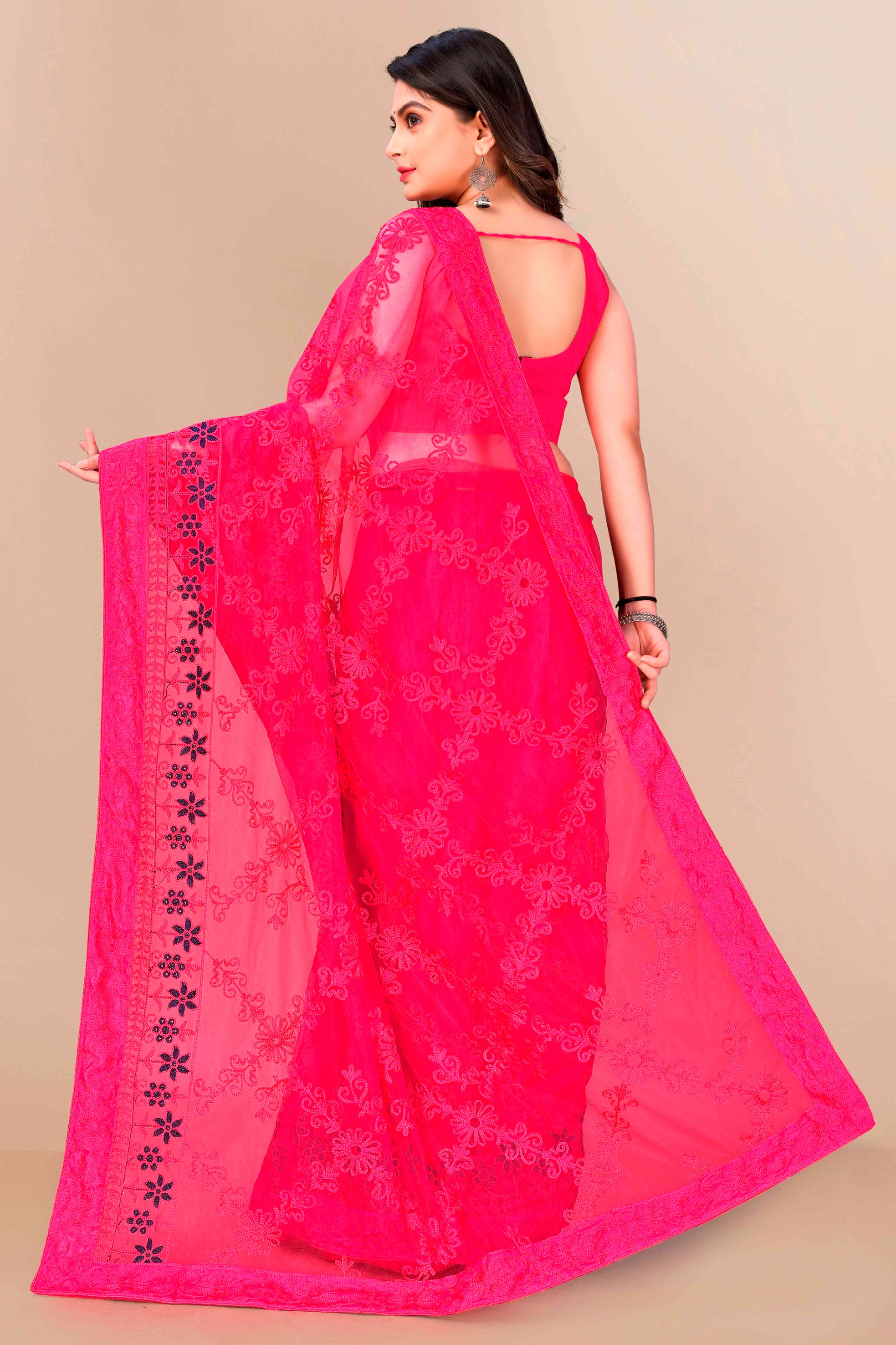 Dark Pink Party Wear Net Saree Featuring Rich Floral Embroidery