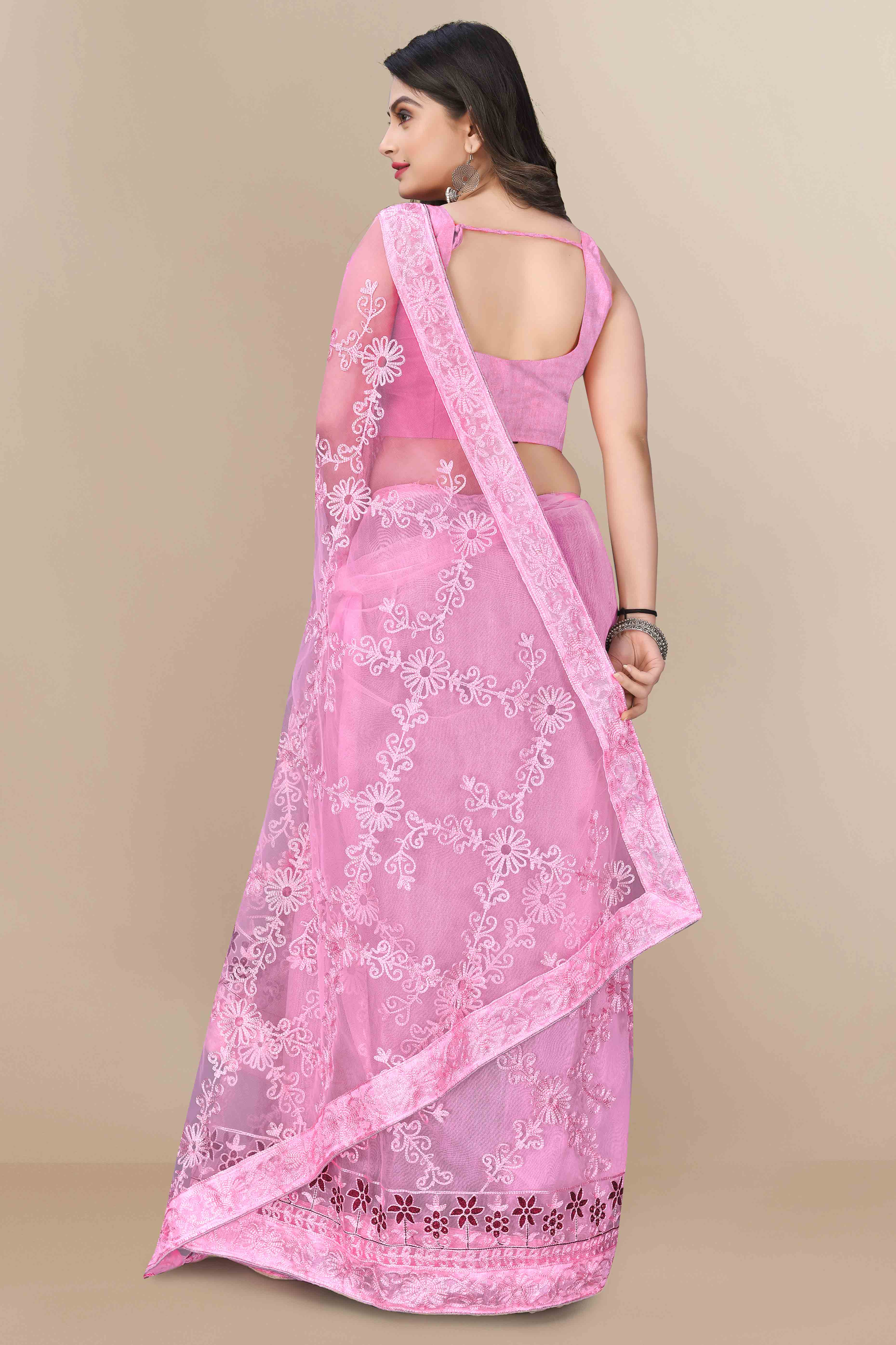 Light Pink Party Wear Net Saree Featuring Rich Floral Embroidery