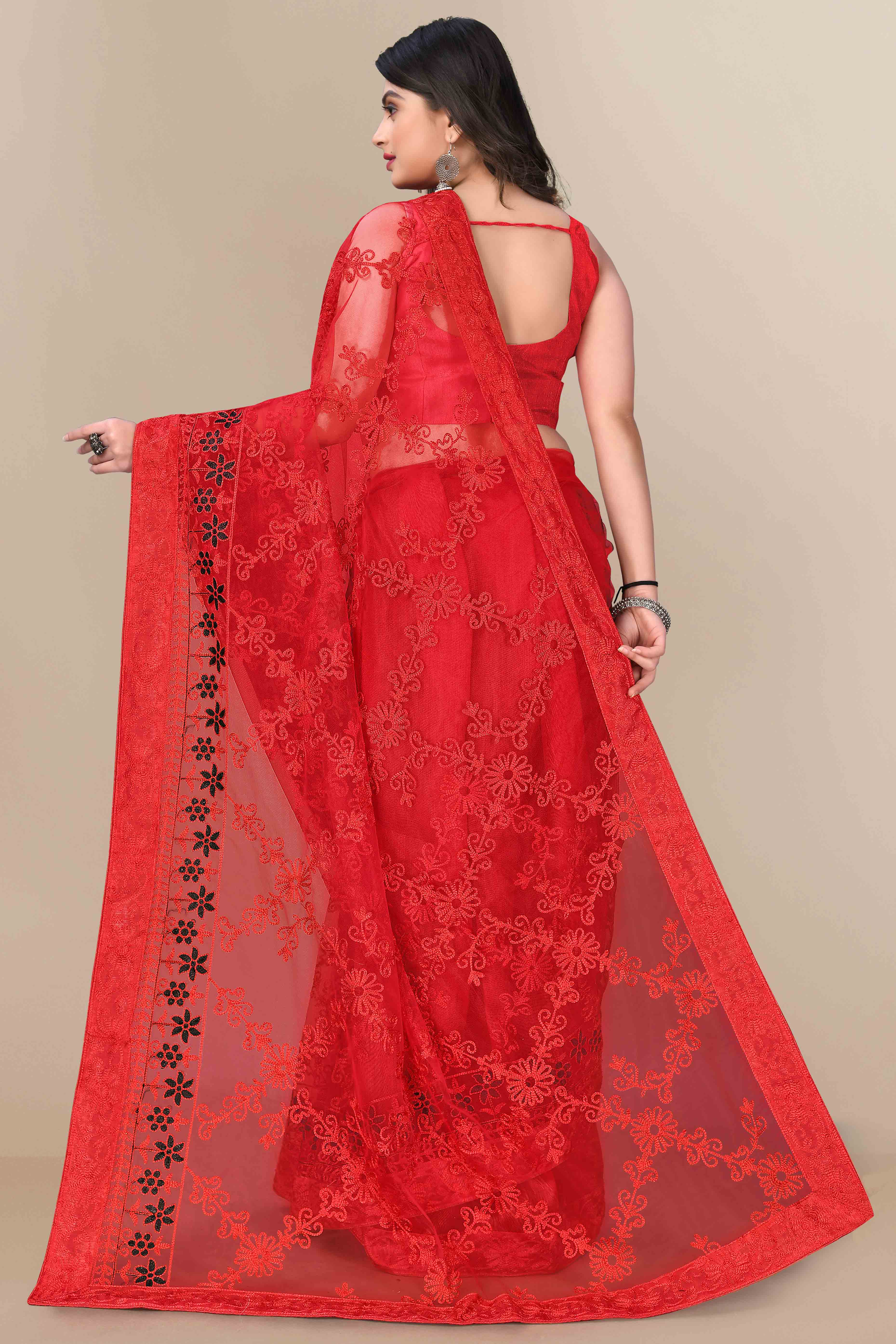 Red Party Wear Net Saree Featuring Rich Floral Embroidery