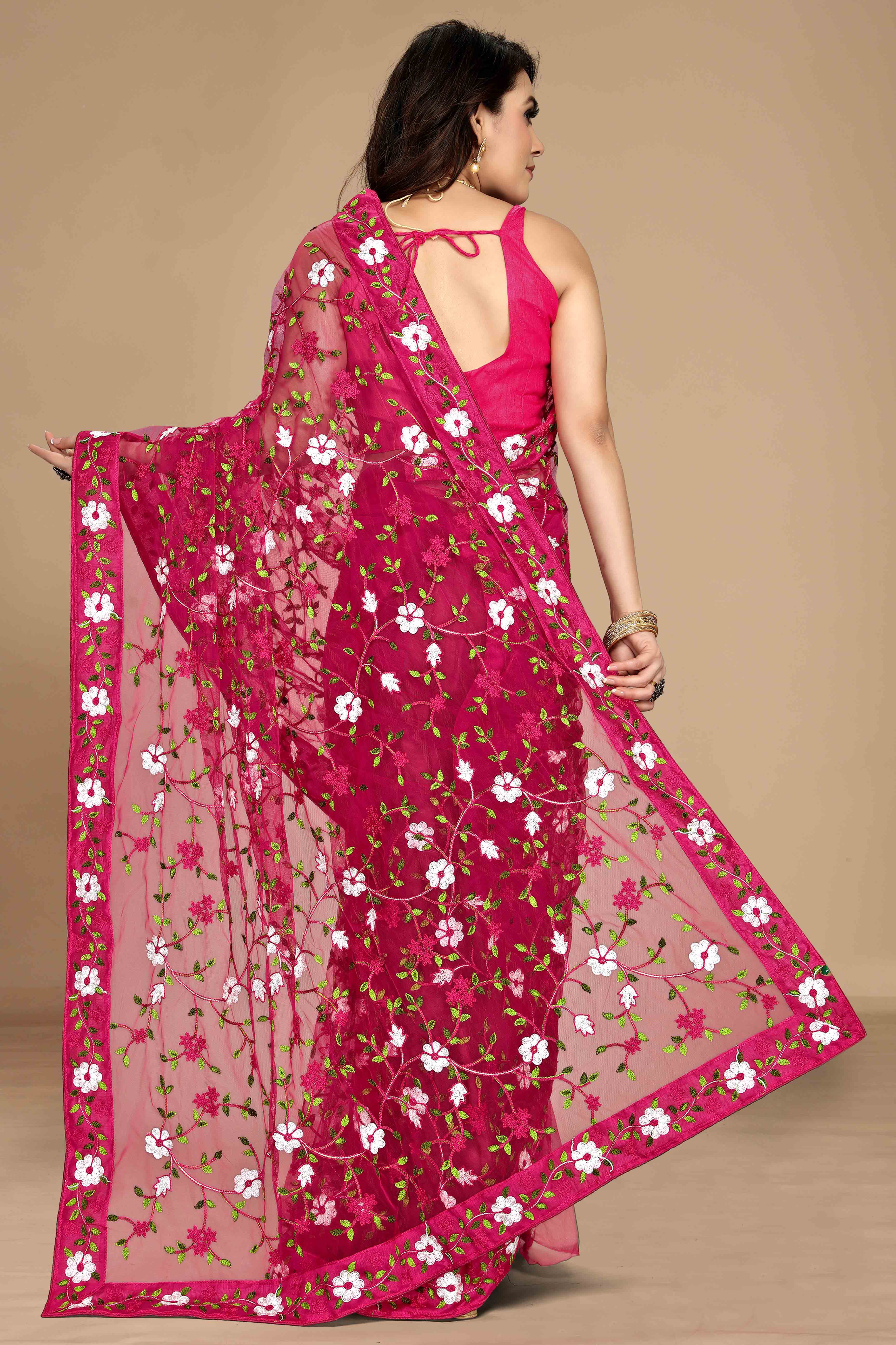 Dark Pink Net Saree with All Over Floral Heavy Embroidery